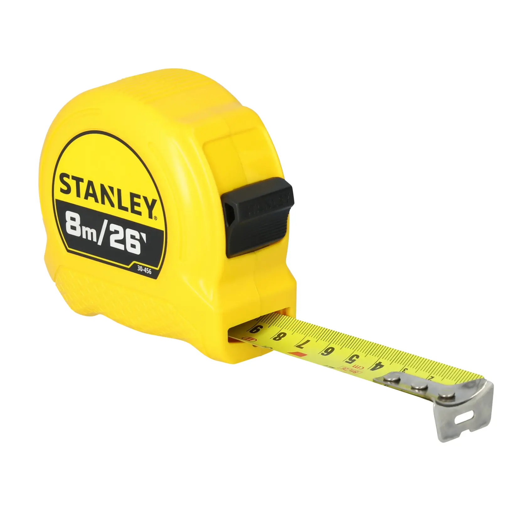 A yellow STANLEY tape measure with both metric (8 meters) and imperial (26 feet) markings, showing the tape partially extended.