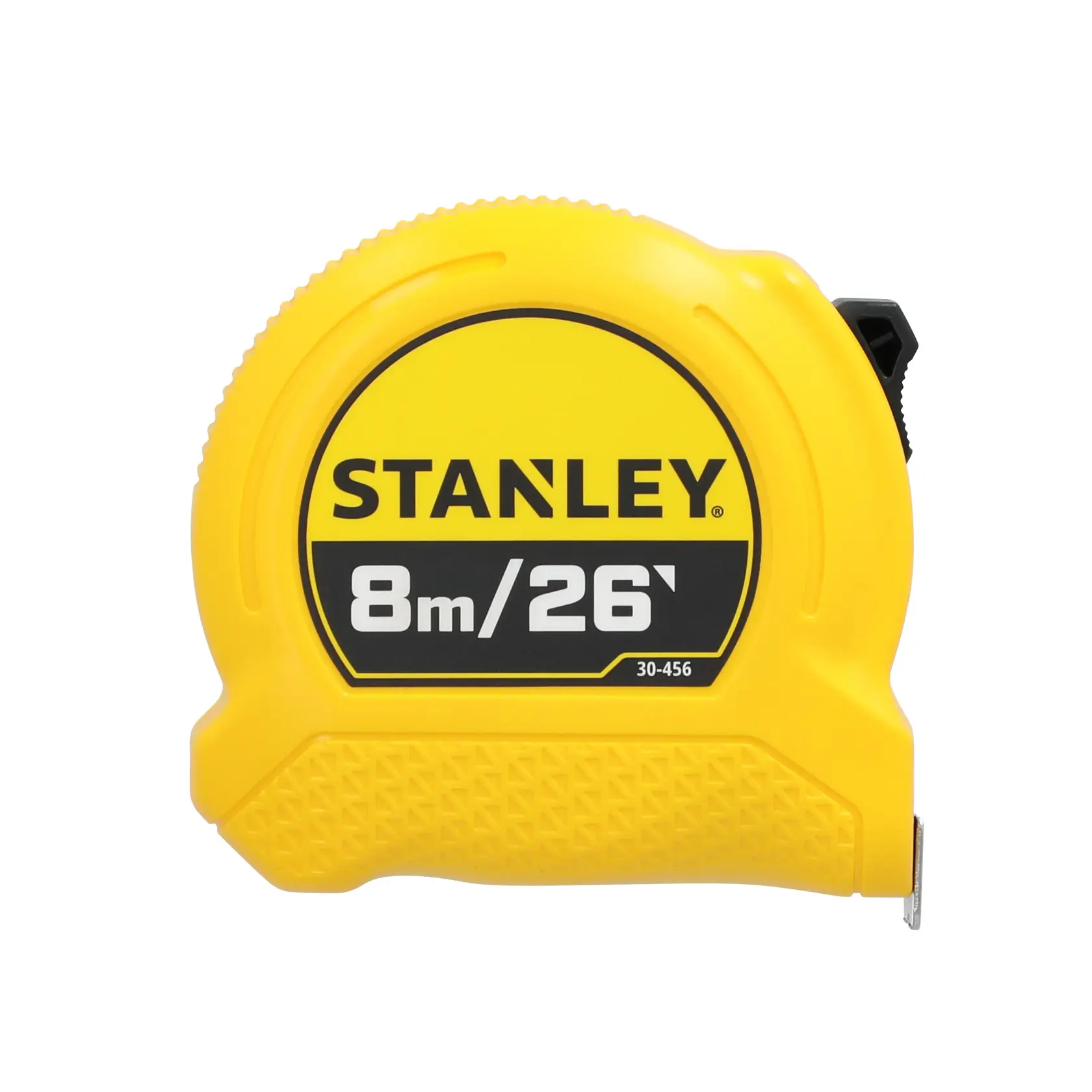 A yellow STANLEY tape measure with a measurement capacity of 8 meters or 26 feet. Model number 30-456.
