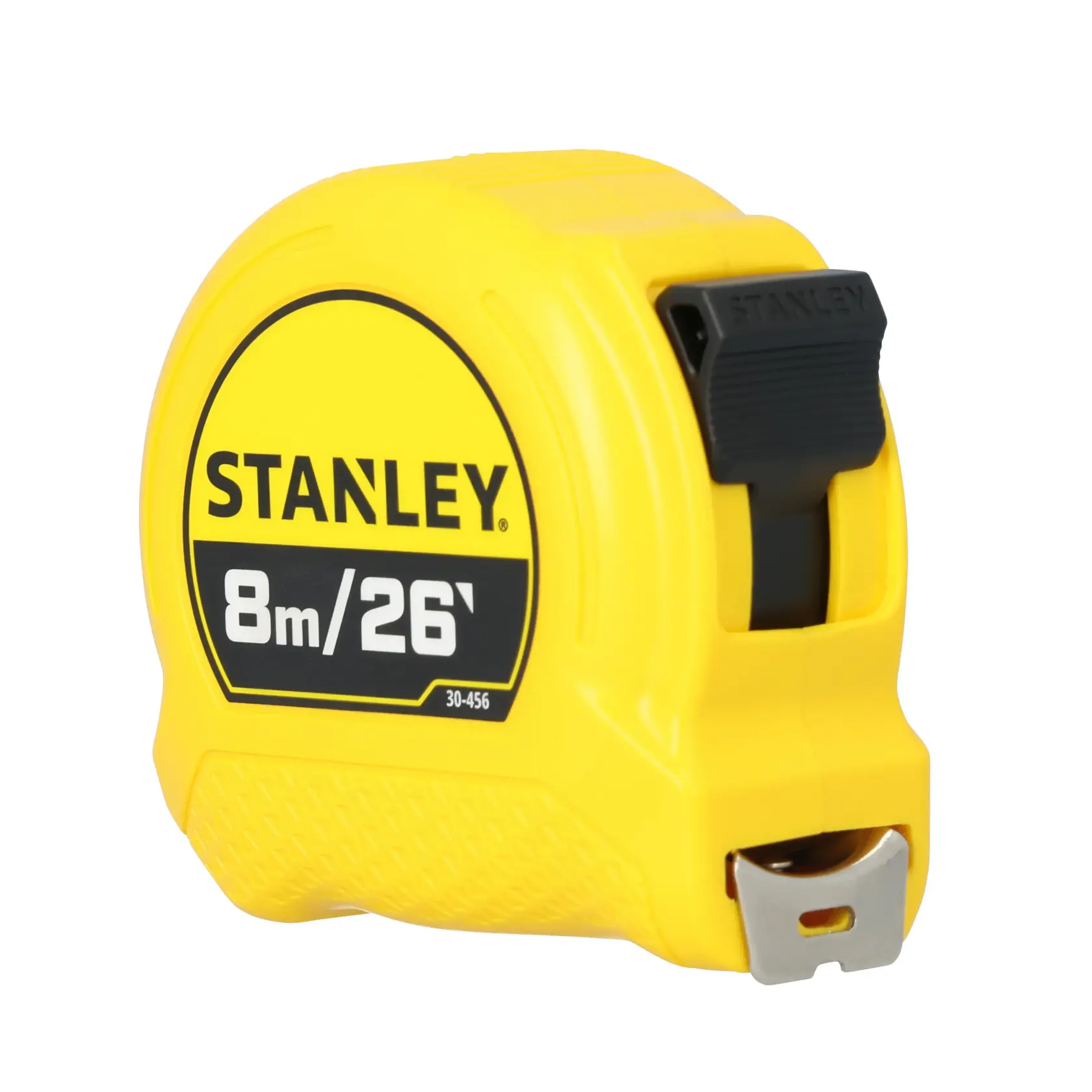 A yellow STANLEY tape measure with a black label showing '8m/26'' and model number 30-456.