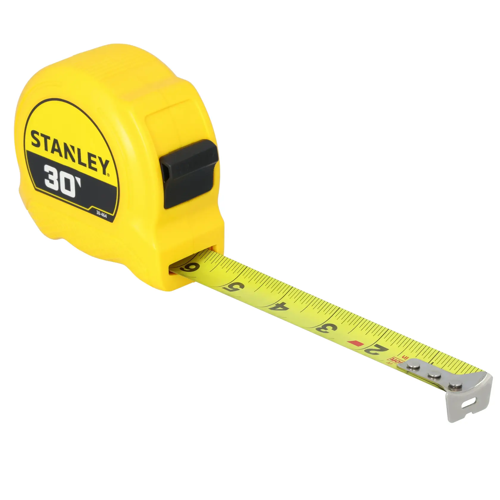 A yellow Stanley 30-foot tape measure with a black lock button and extended measuring tape showing numbers.