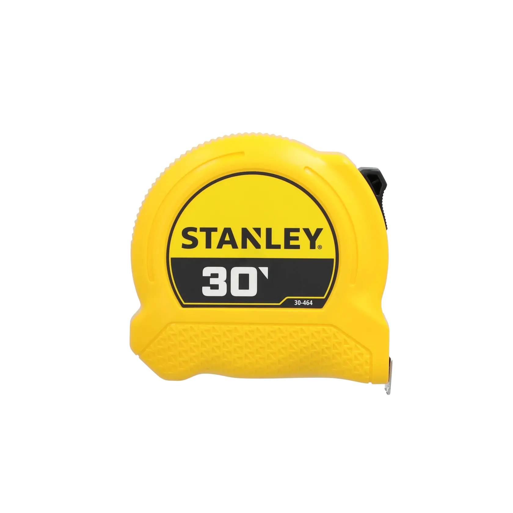 A yellow Stanley 30-foot tape measure, model 30-464, designed for measuring distances.