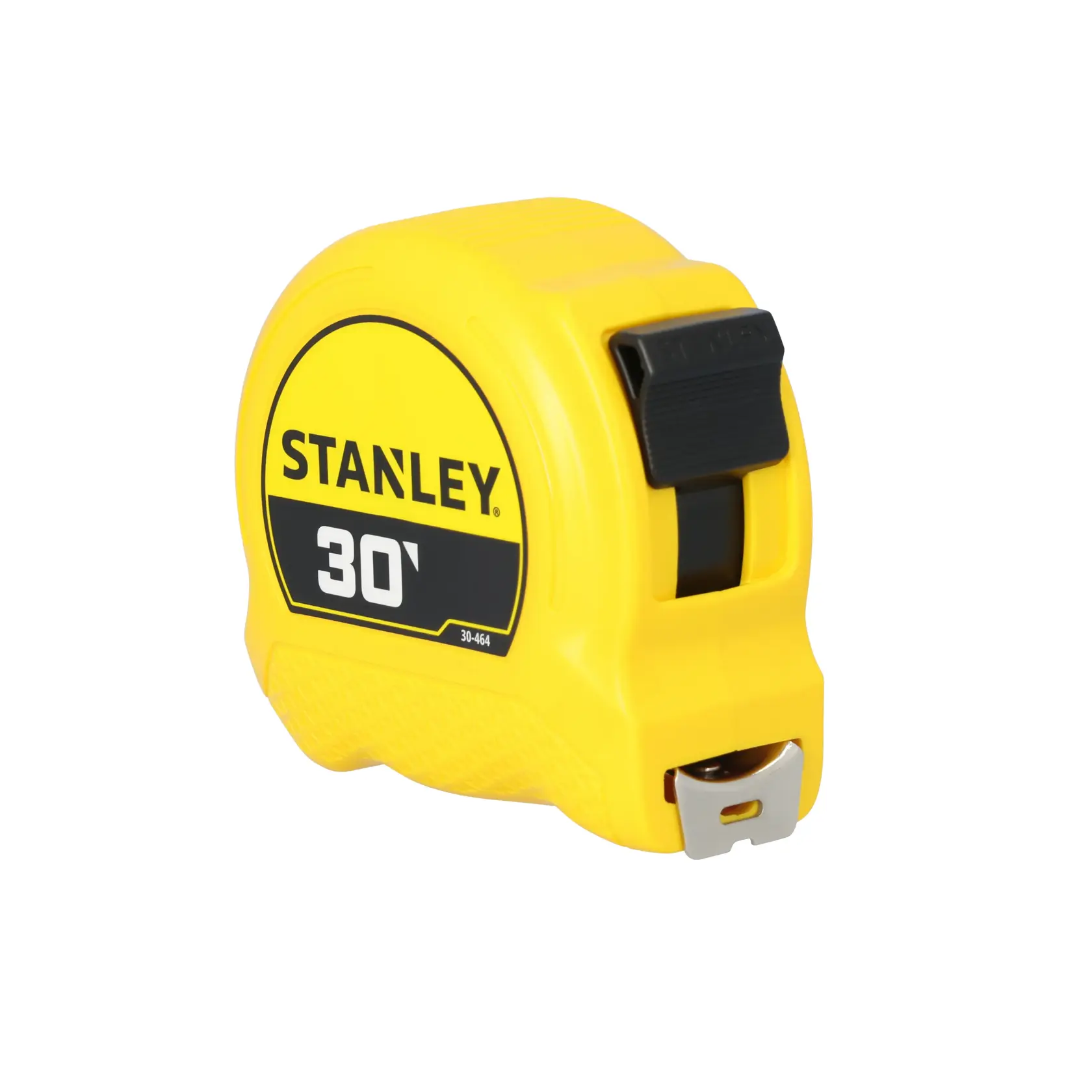 A yellow Stanley 30-foot tape measure, model 30-464, with a black lock button and metal tip.