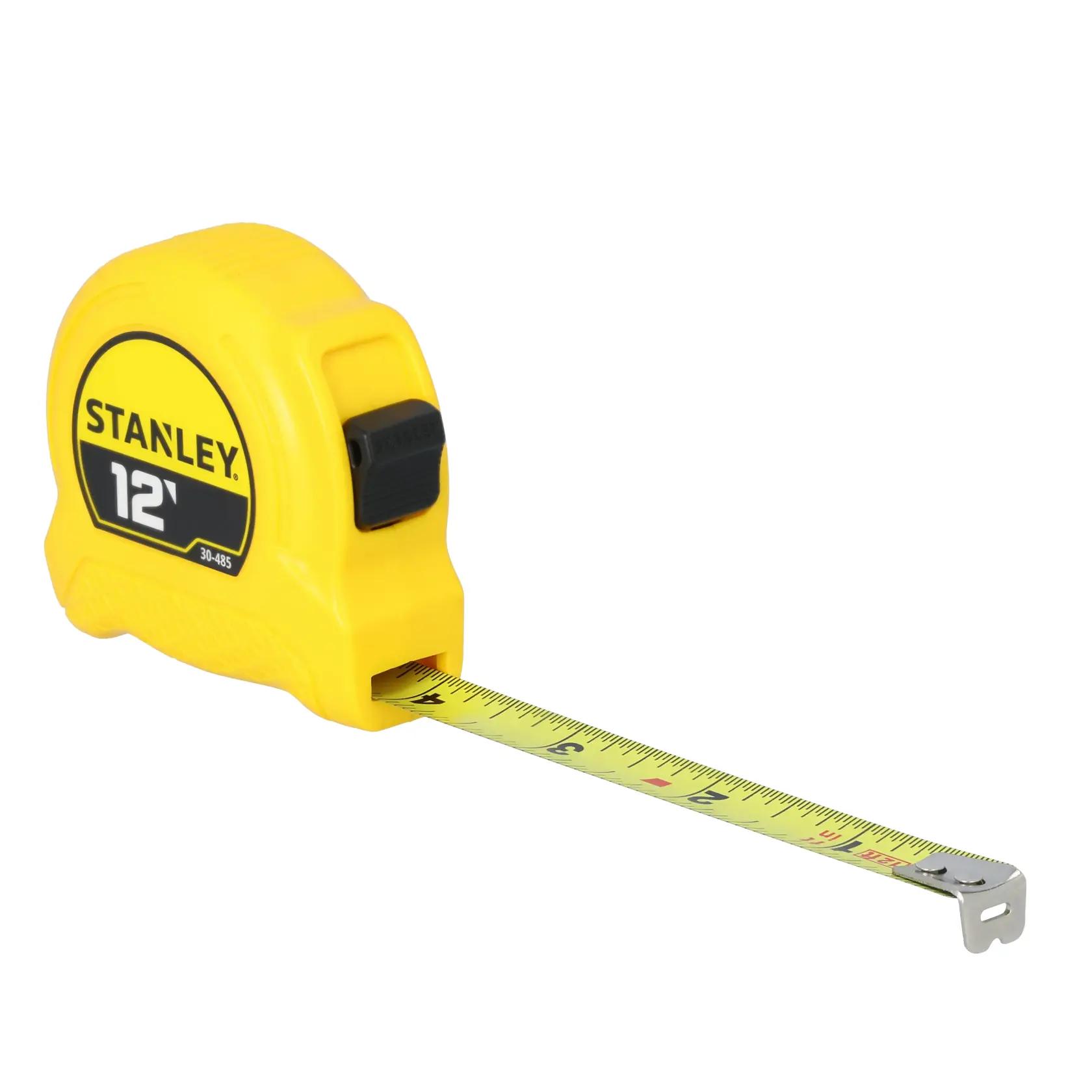 A yellow Stanley 12-foot tape measure with a black lock button and extended metal measuring tape.