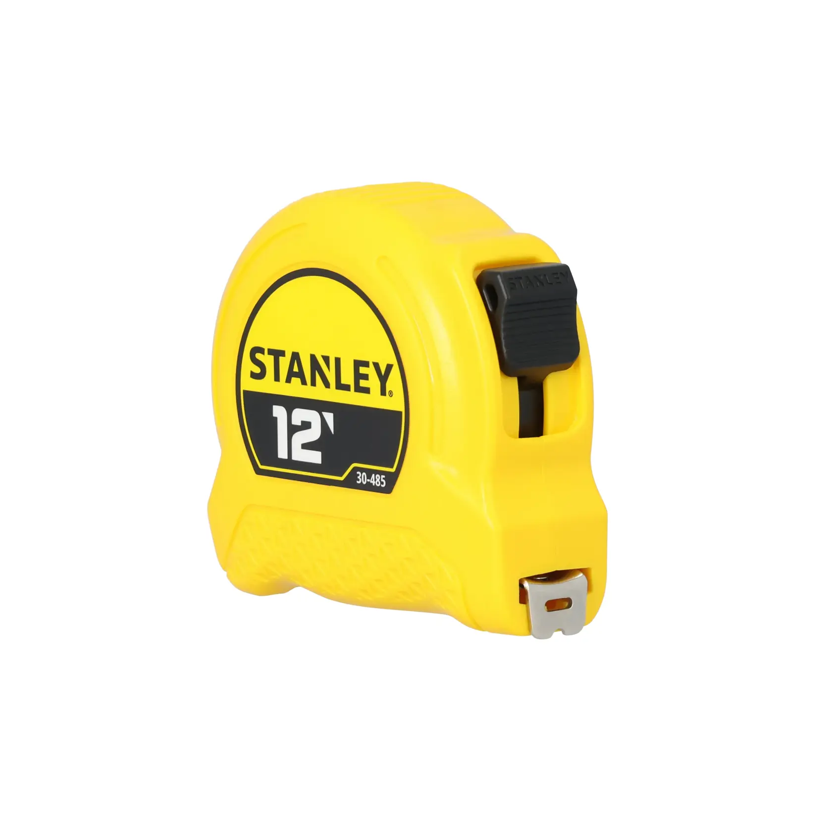 A yellow Stanley 12-foot tape measure with a black label and a metal hook, model 30-485.