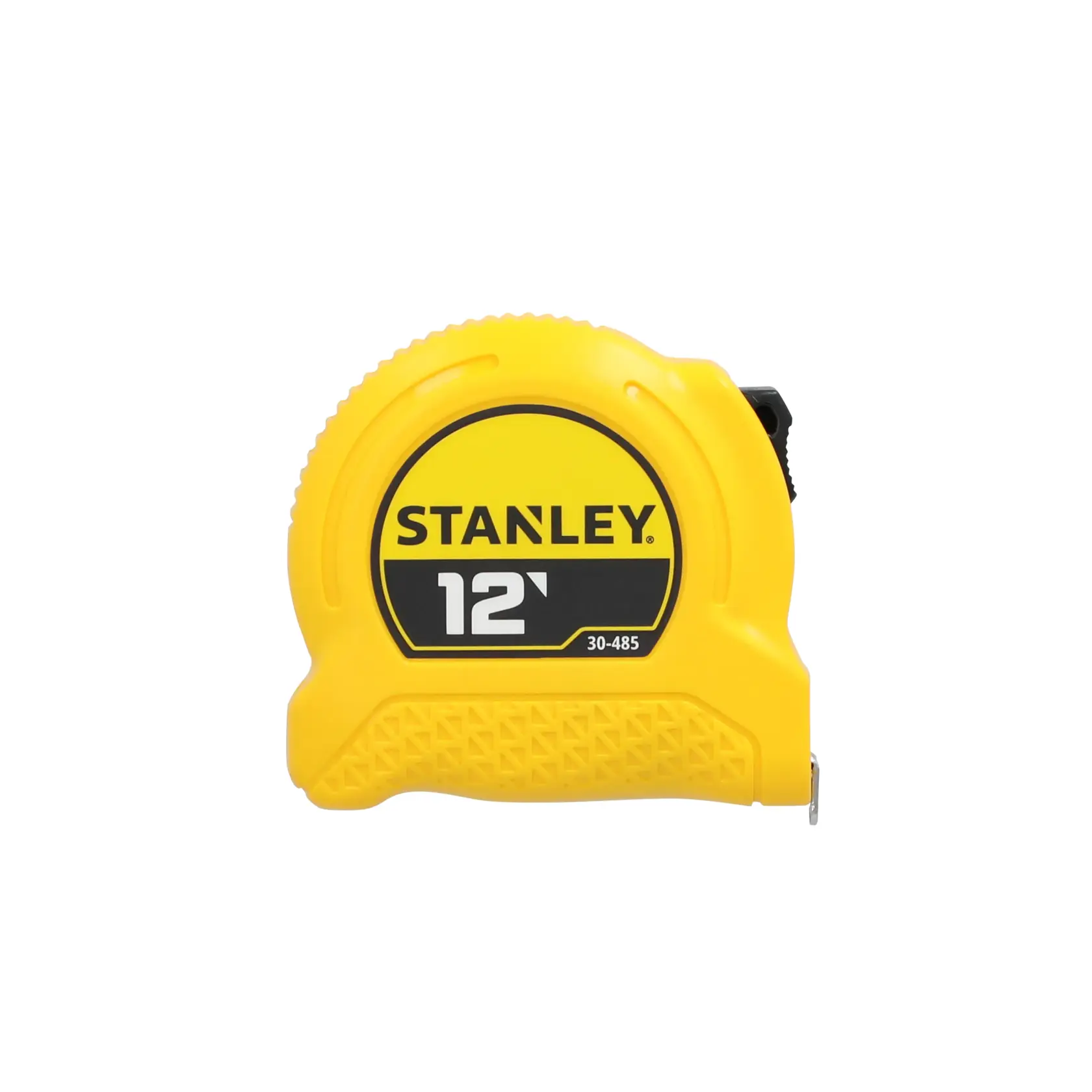A yellow STANLEY 12-foot tape measure, model 30-485, used for measuring distances. The tape measure has a rounded, ergonomic shape and textured grip.