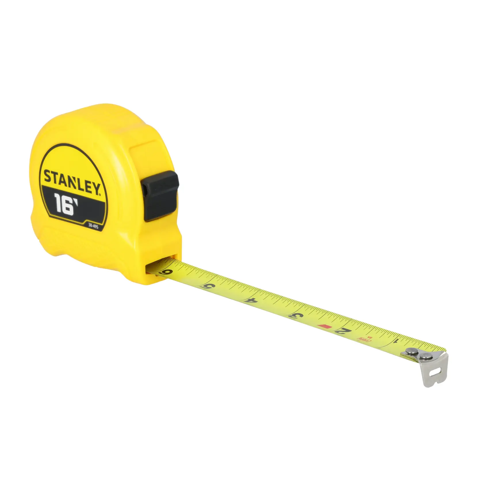 A yellow Stanley 16-foot tape measure with the measuring tape partially extended.