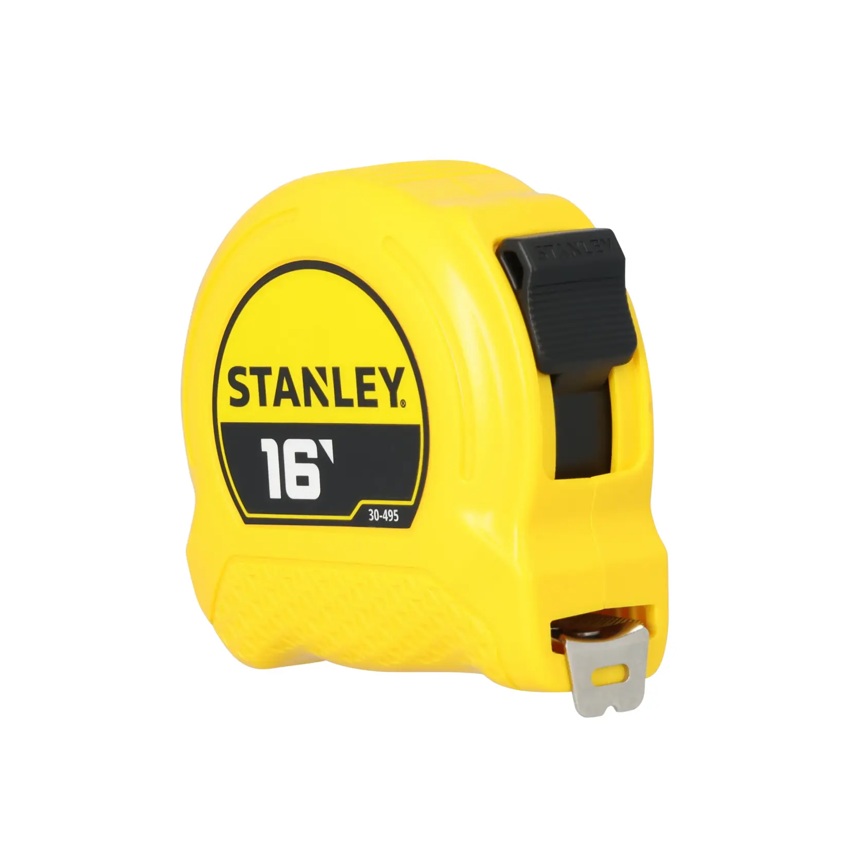 A yellow Stanley branded tape measure with a 16-foot length, model number 30-495, designed for measuring surfaces.