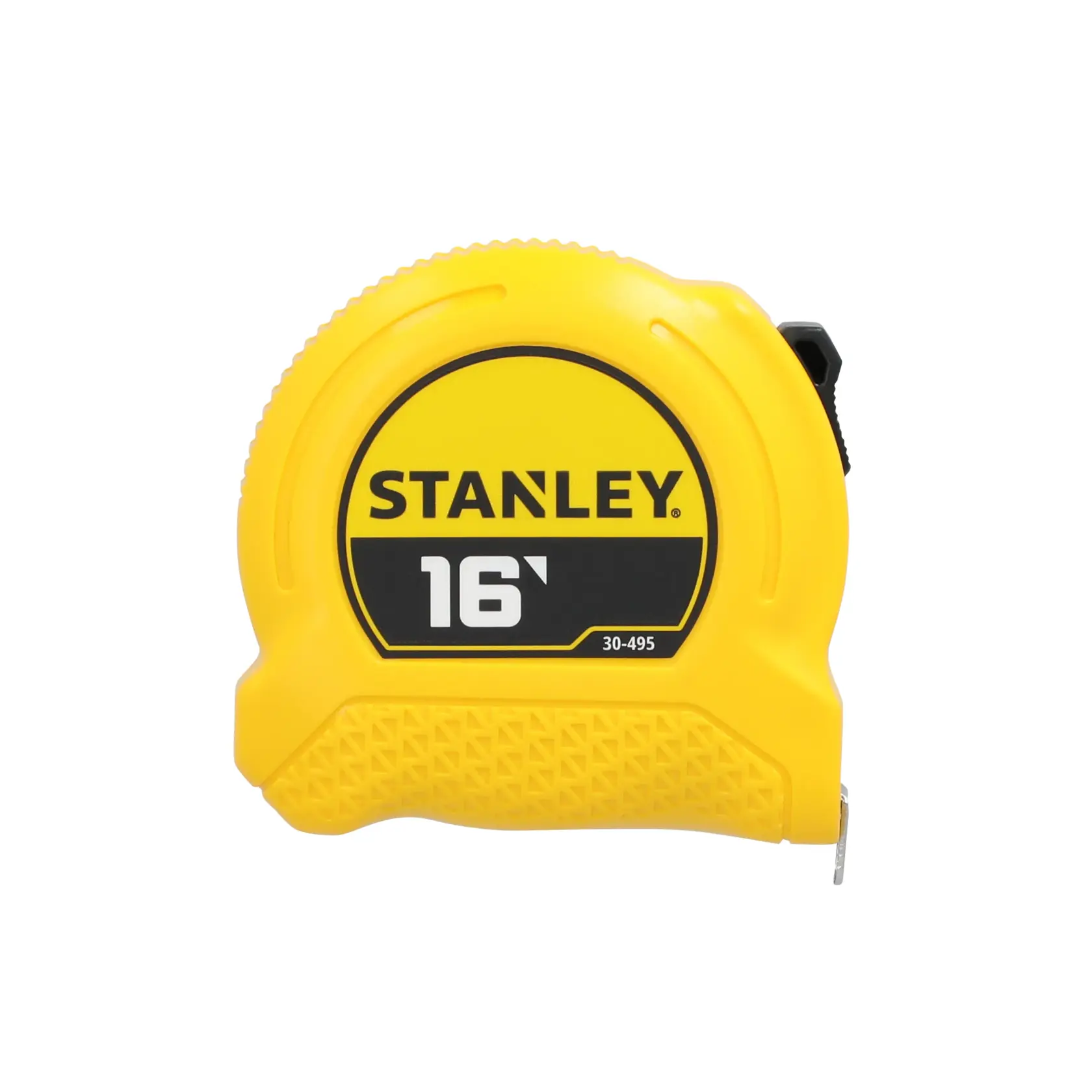 A yellow STANLEY 16-foot tape measure, model number 30-495, used for measuring lengths in photography and construction.