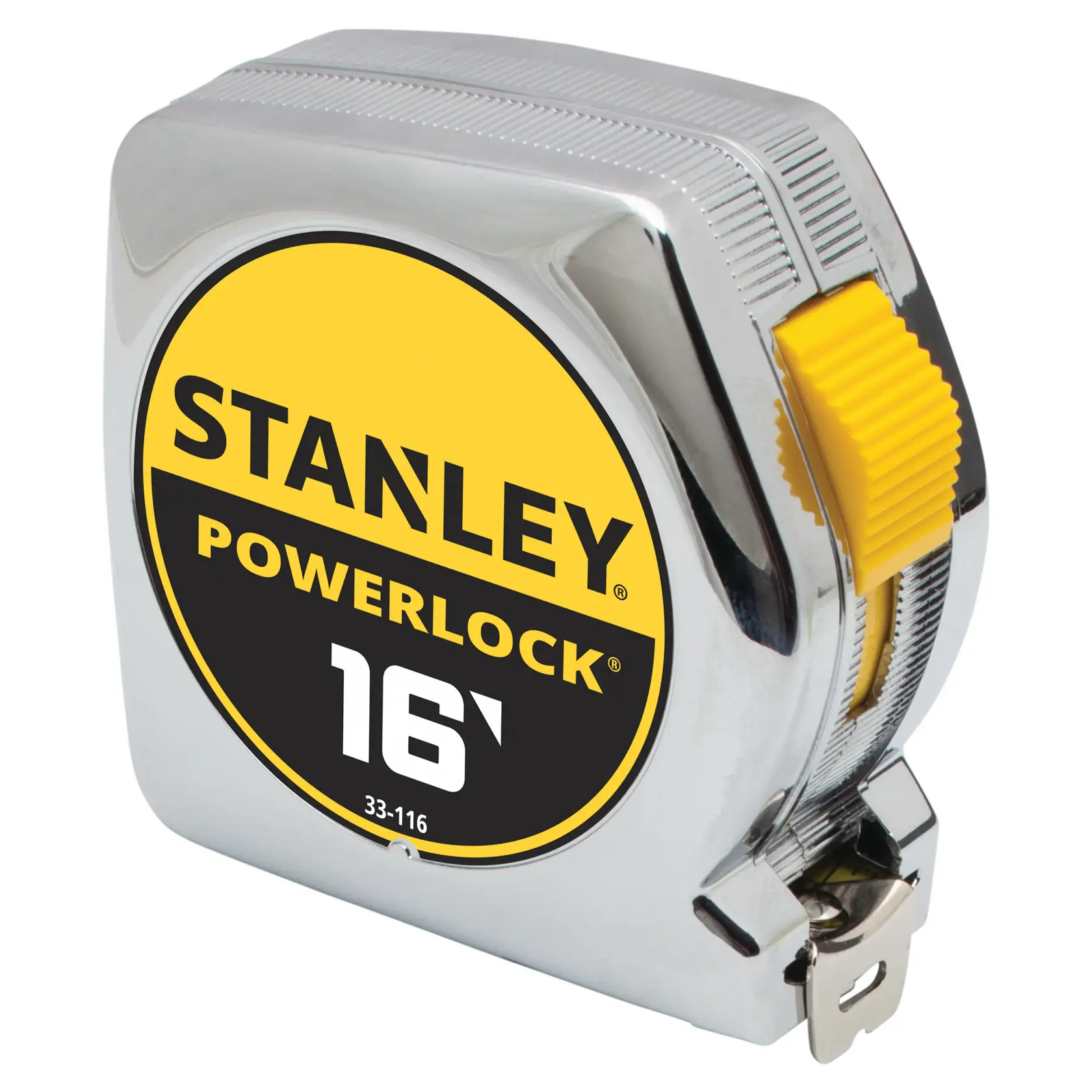 Front angle view of STANLEY PowerLock 16-foot chrome tape measure with yellow lock button