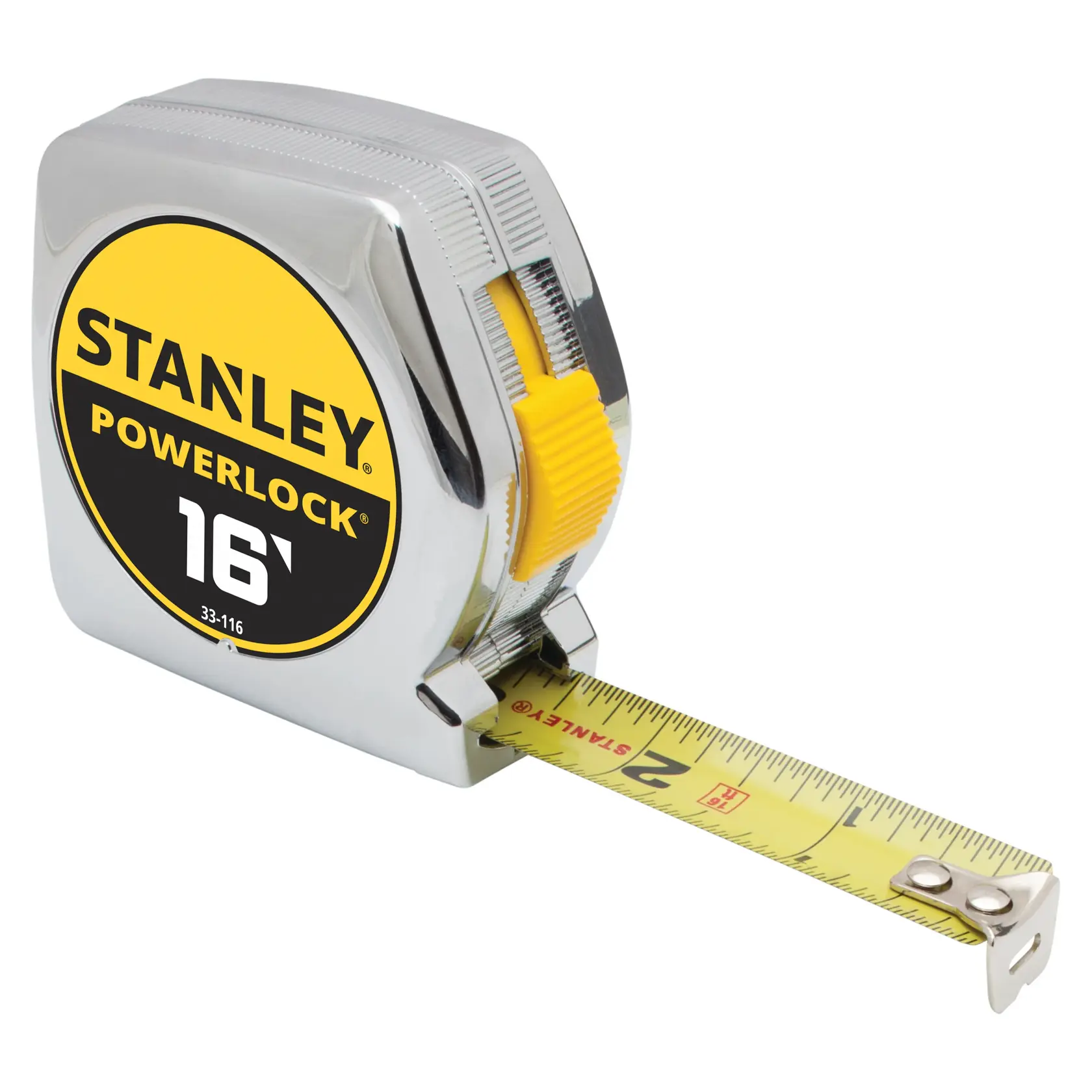 Stanley PowerLock 16-foot tape measure, chrome with yellow accents, angled on white background