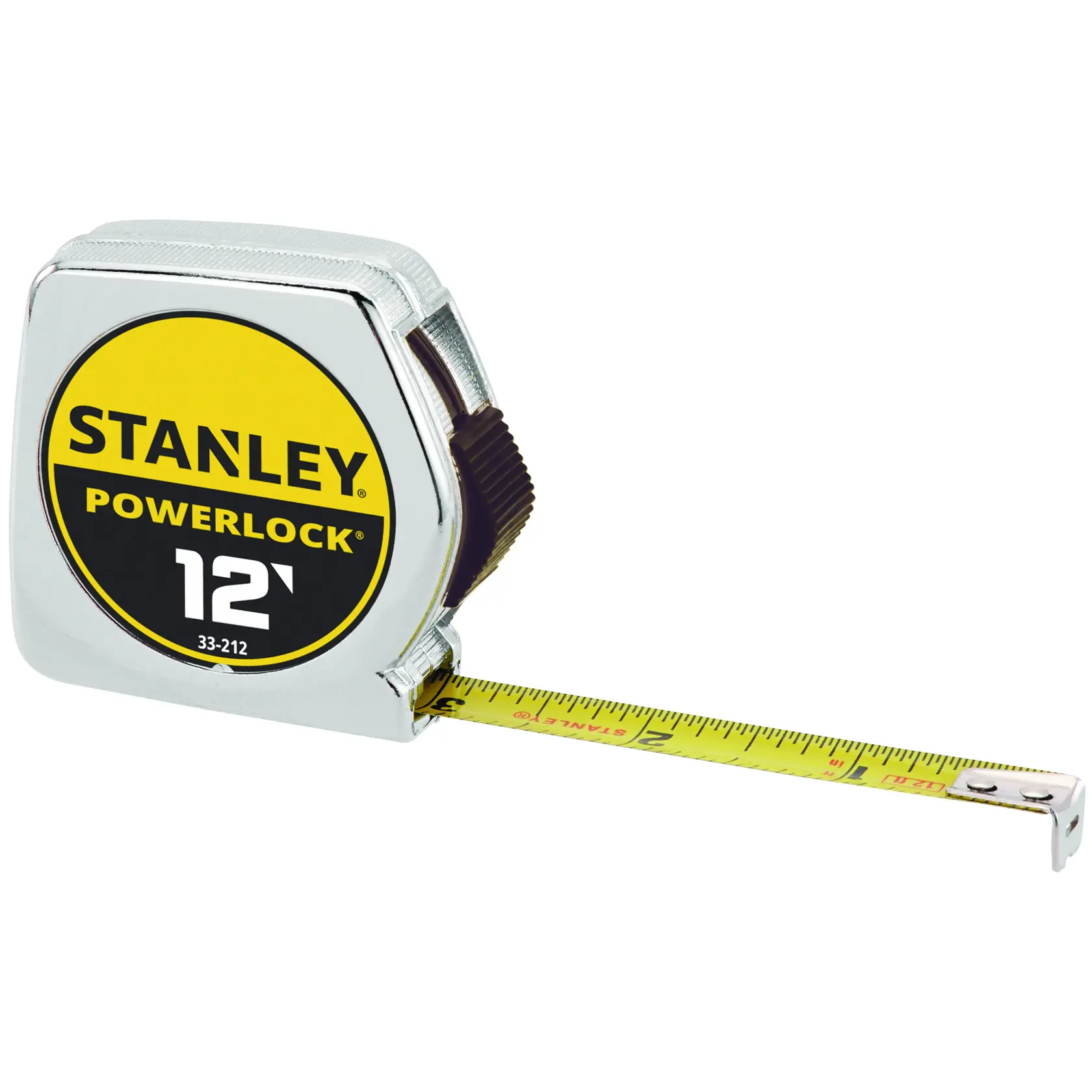 A Stanley PowerLock 12-foot tape measure with a yellow and black label and a partially extended yellow measuring tape.
