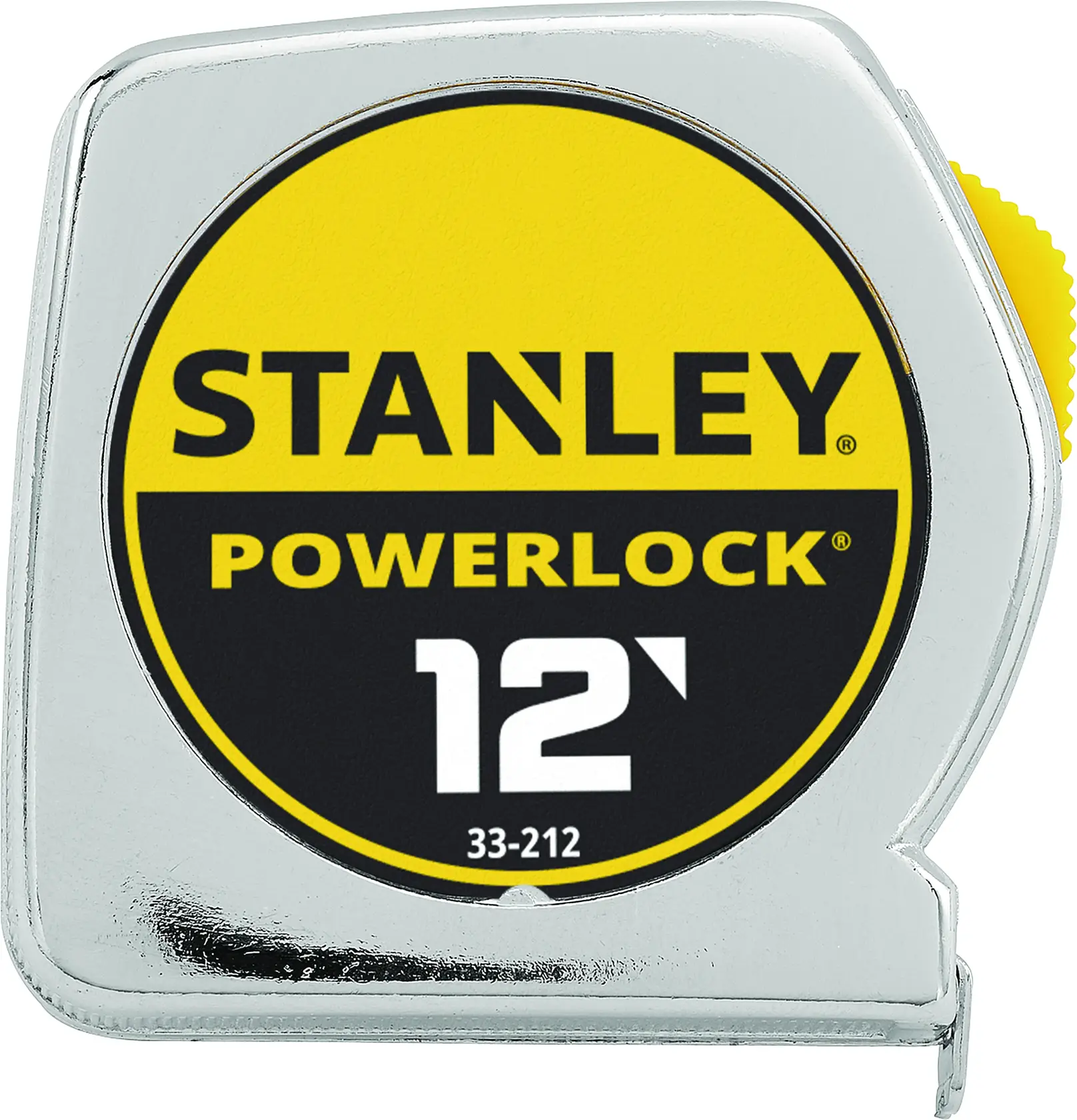 A close-up image of a Stanley PowerLock measuring tape with a 12-foot length. The tape measure has a chrome-colored casing and a yellow and black label showing the brand and length.