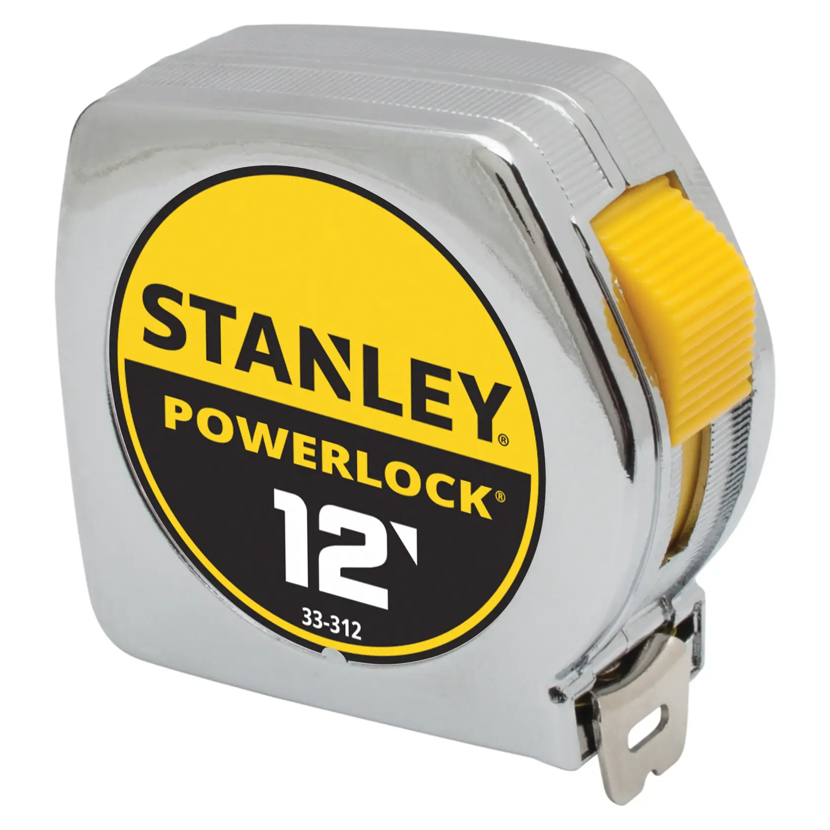 STANLEY PowerLock 12-foot tape measure, chrome finish, front angled view on white background
