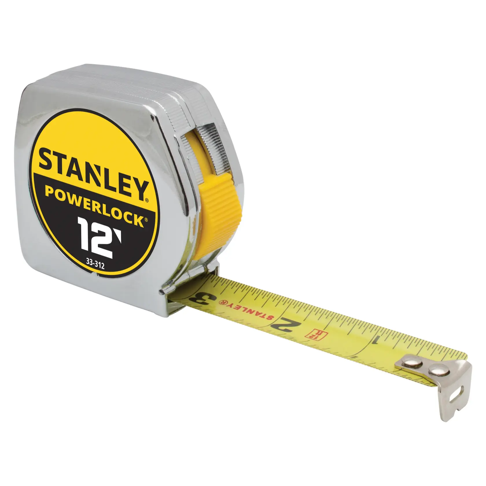 Stanley PowerLock 12-foot tape measure, front-left angle on white background, metal case with yellow button