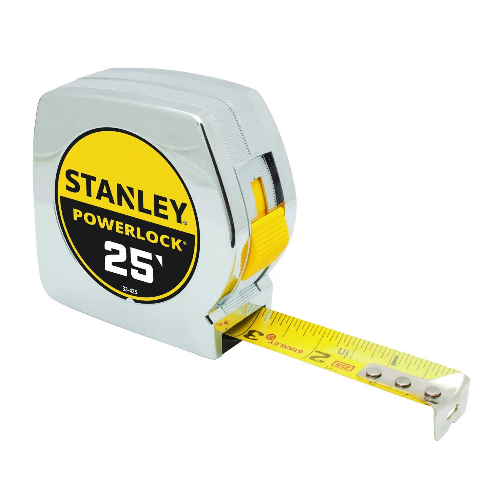 Stanley PowerLock 25-foot tape measure, chrome case with yellow blade, angled on white background