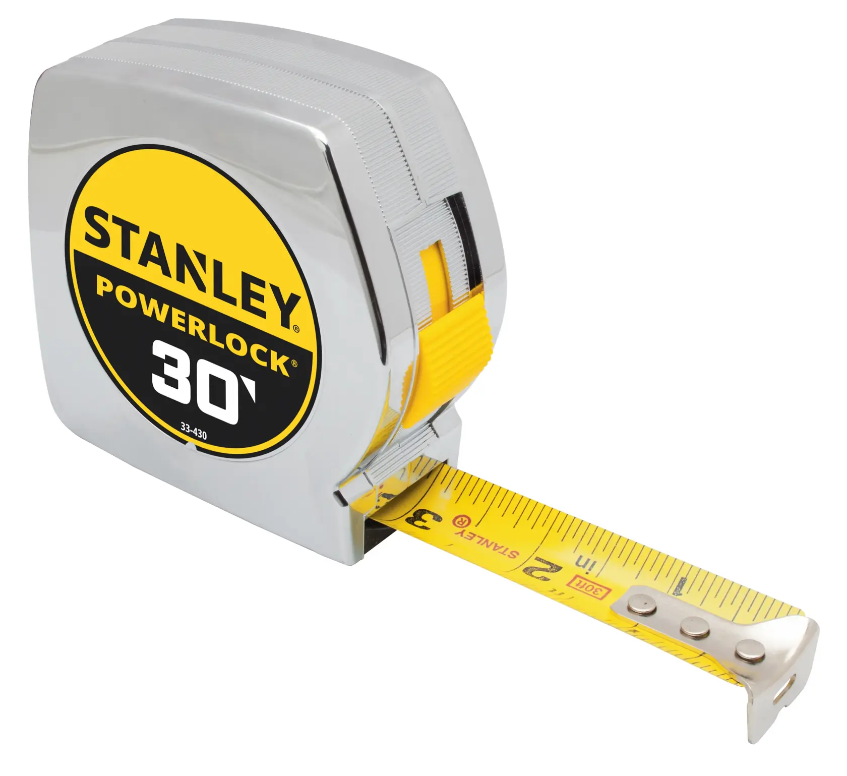 Stanley PowerLock 30-foot tape measure, chrome case, yellow measuring blade, front angle on white background