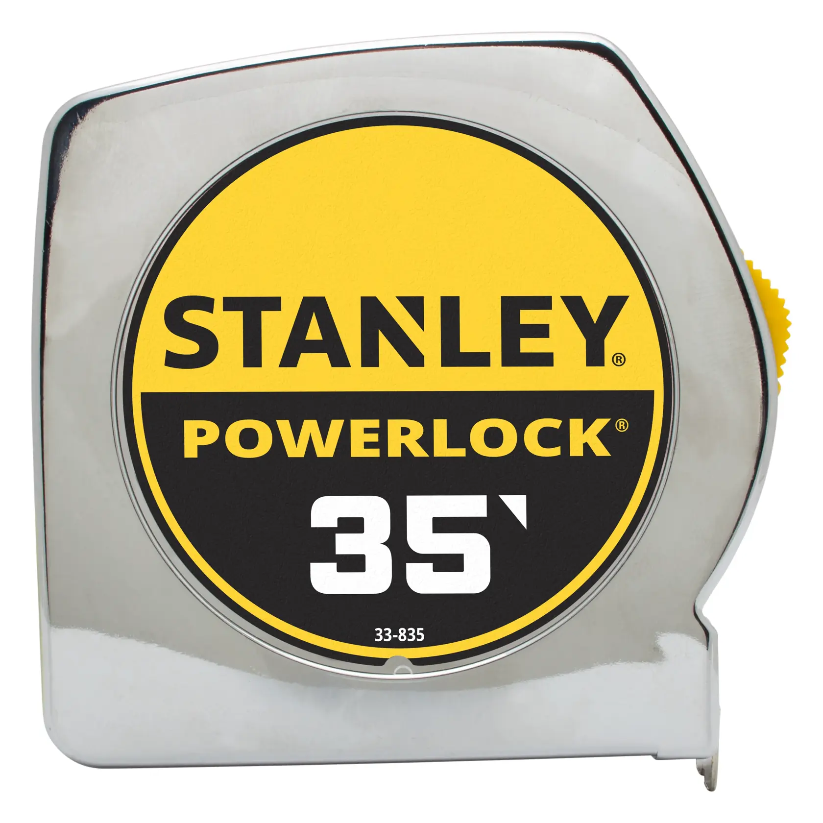 Photo of STANLEY PowerLock 35' tape measure, SKU 33-835, with chrome casing, front angle on white background.