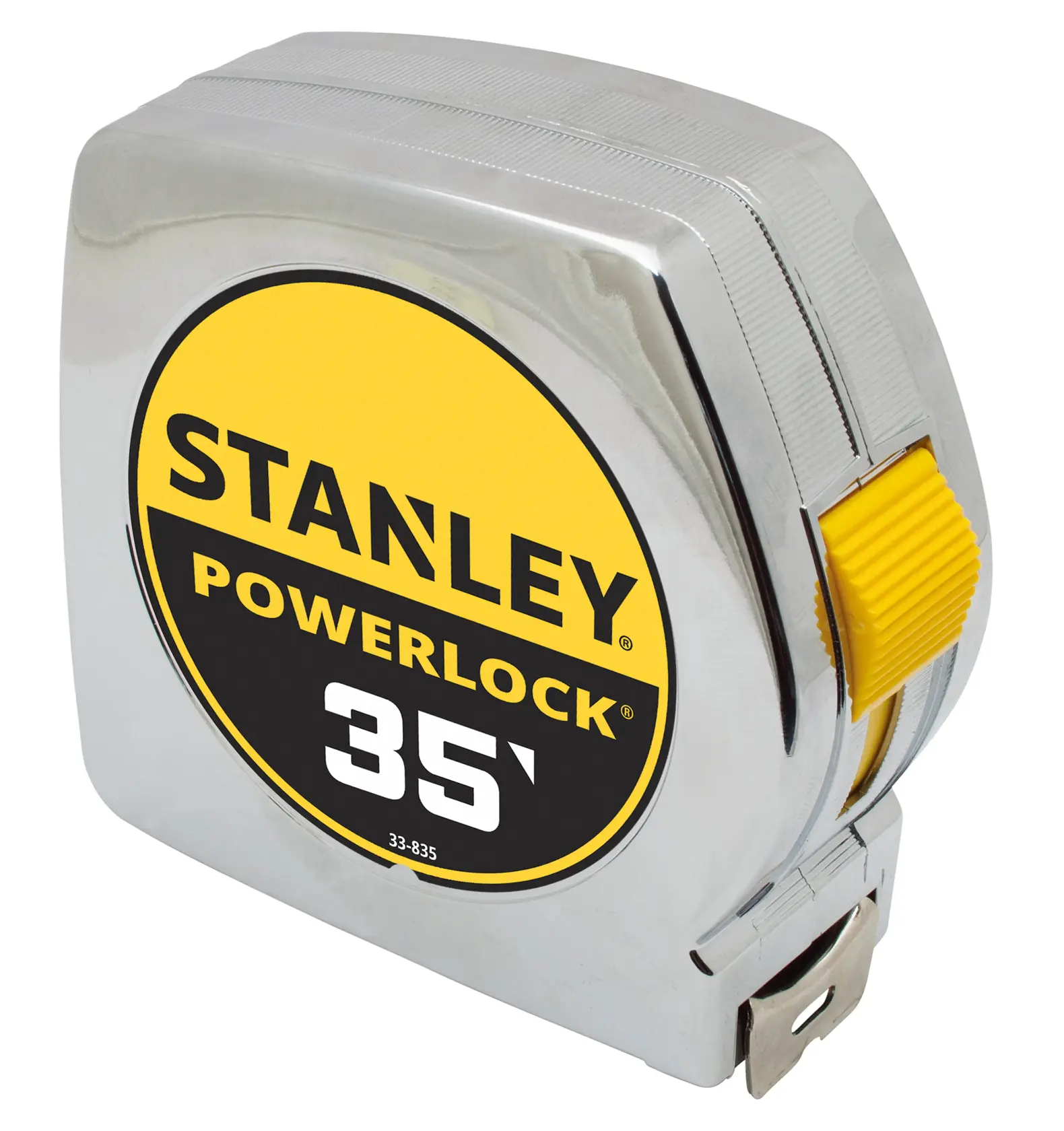 Stanley PowerLock 35-foot tape measure, angled view on white, chrome casing with yellow details