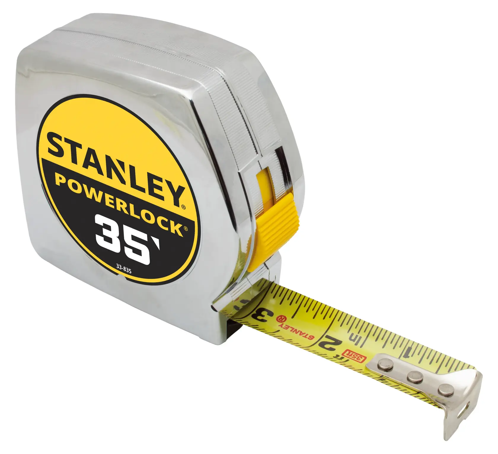 Stanley Powerlock 35-foot tape measure, front angle, chrome body with yellow tape and lock button