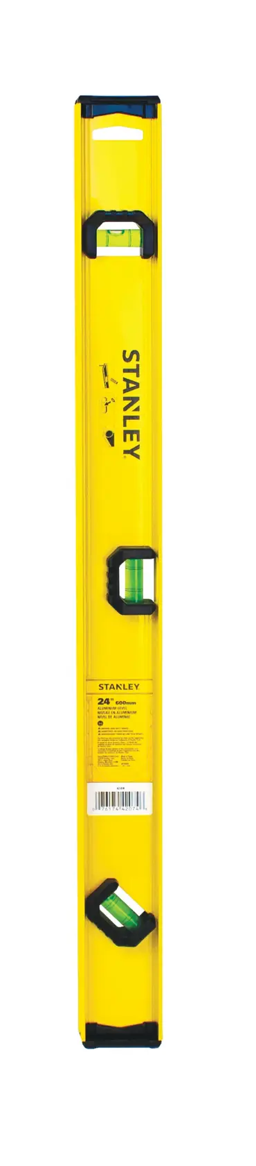 Stanley 24-inch yellow box level, front shot on white background, three bubble vials visible