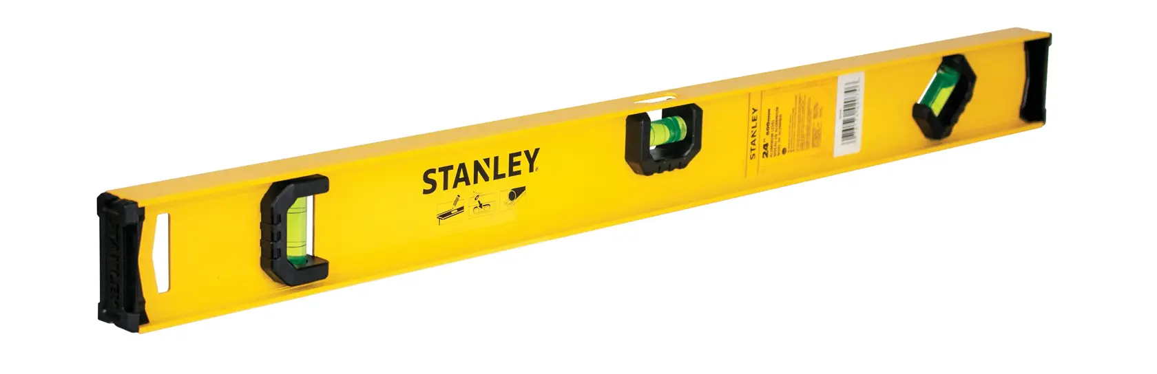 Stanley yellow spirit level with three green bubble vials, angled on white background