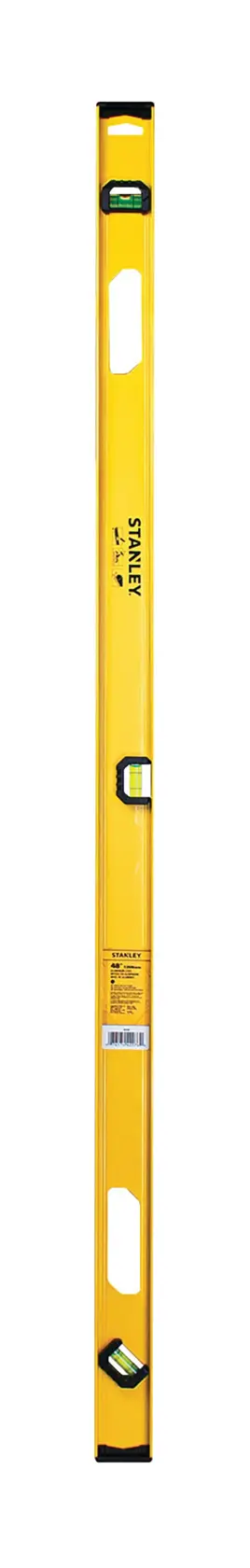 Stanley box level, yellow, front view on white background, three bubble vials and two hand grips