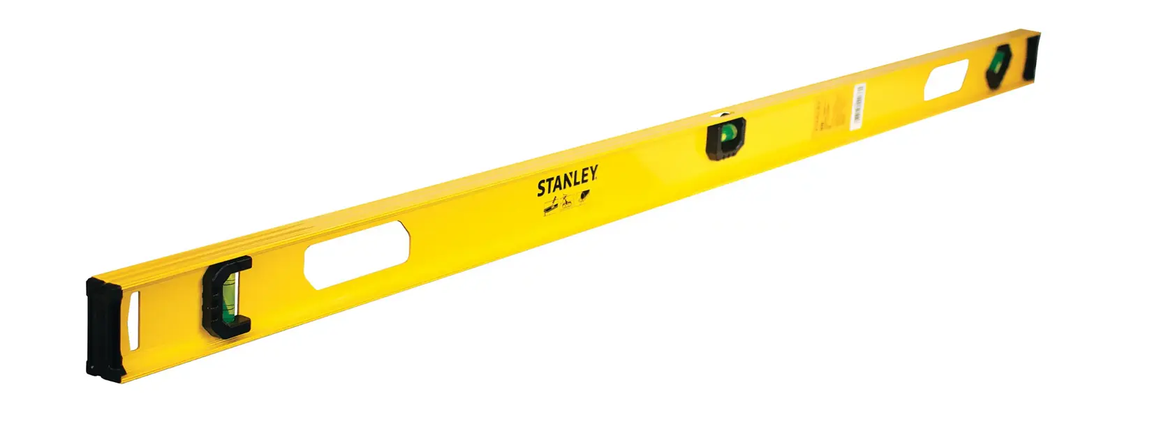 Stanley yellow spirit level with three vials, angled view on white background