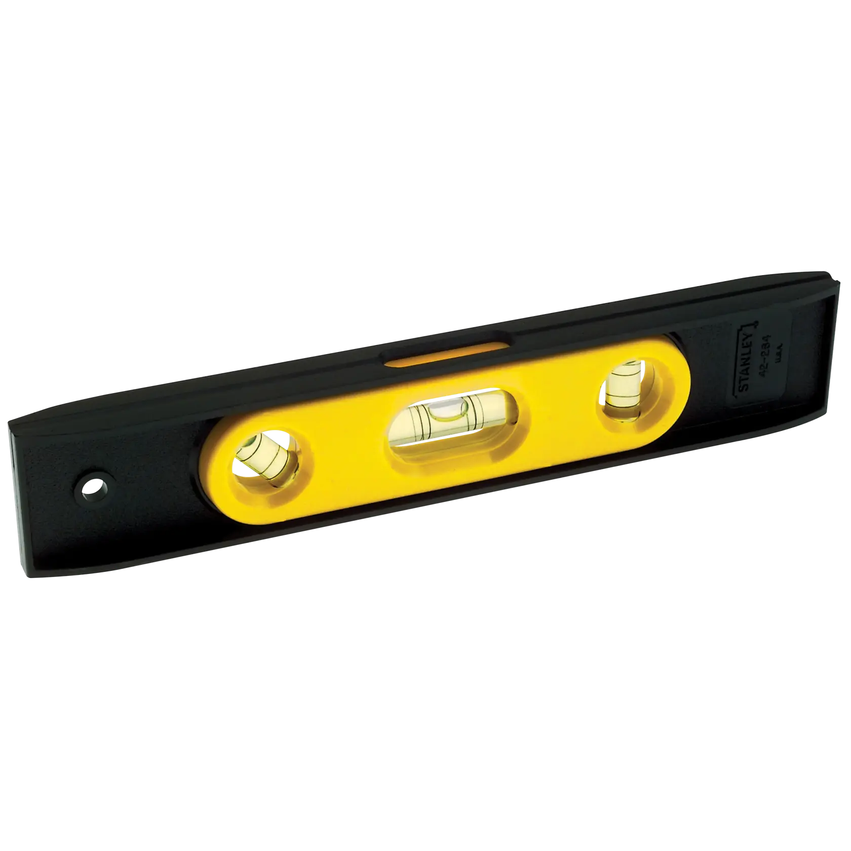 STANLEY 42-264 box beam level, yellow and black, photography, angled view on white background.