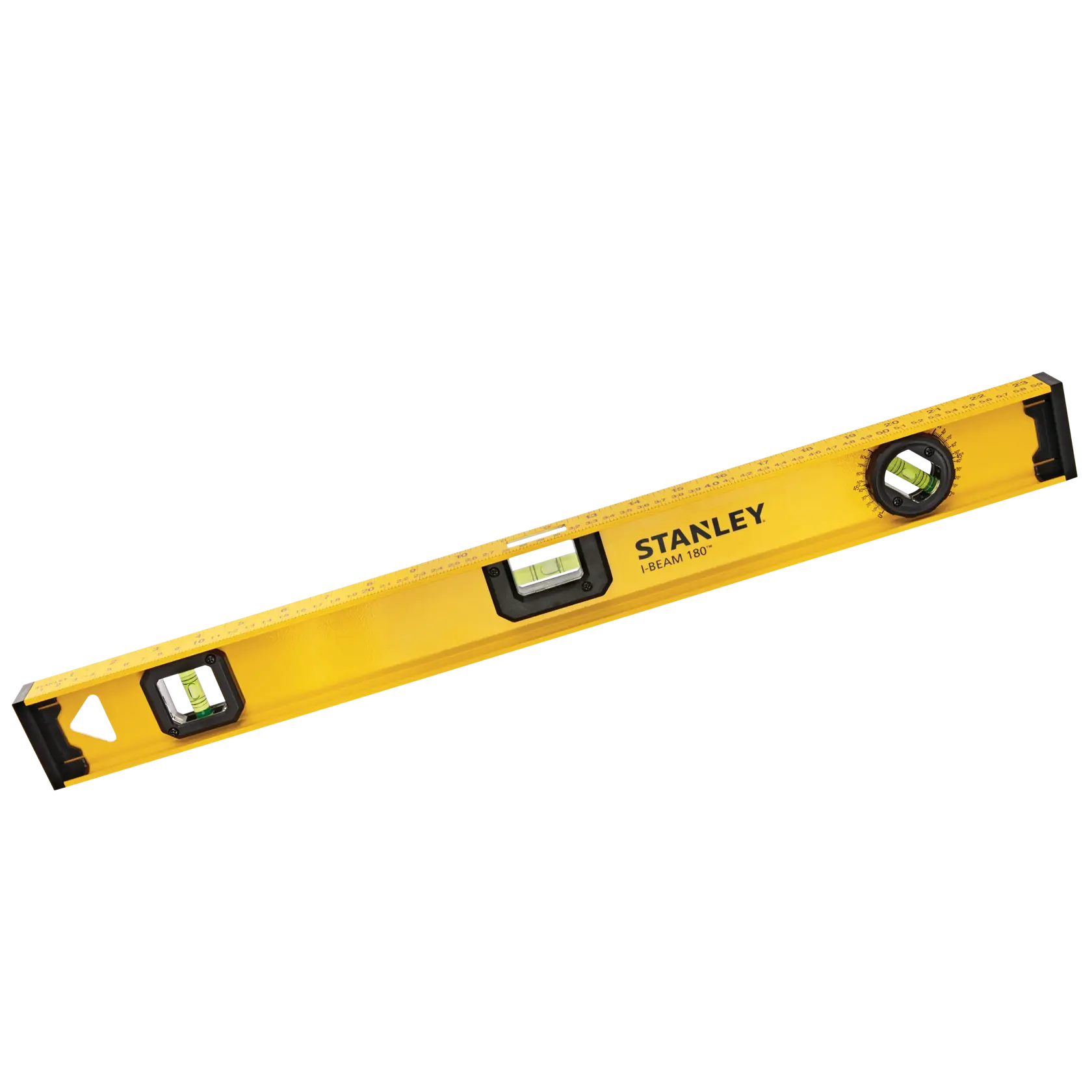 Photo of STANLEY 42-324 box level, yellow body with three bubble vials, top view on white background.