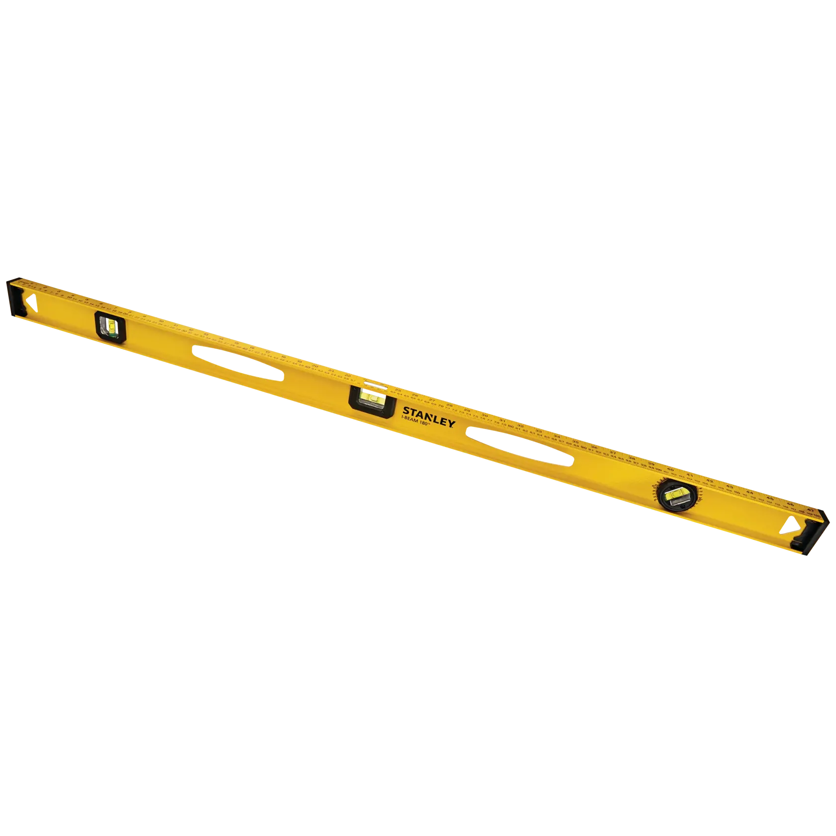 Stanley yellow box level with three vials and ruler markings, angled on white background