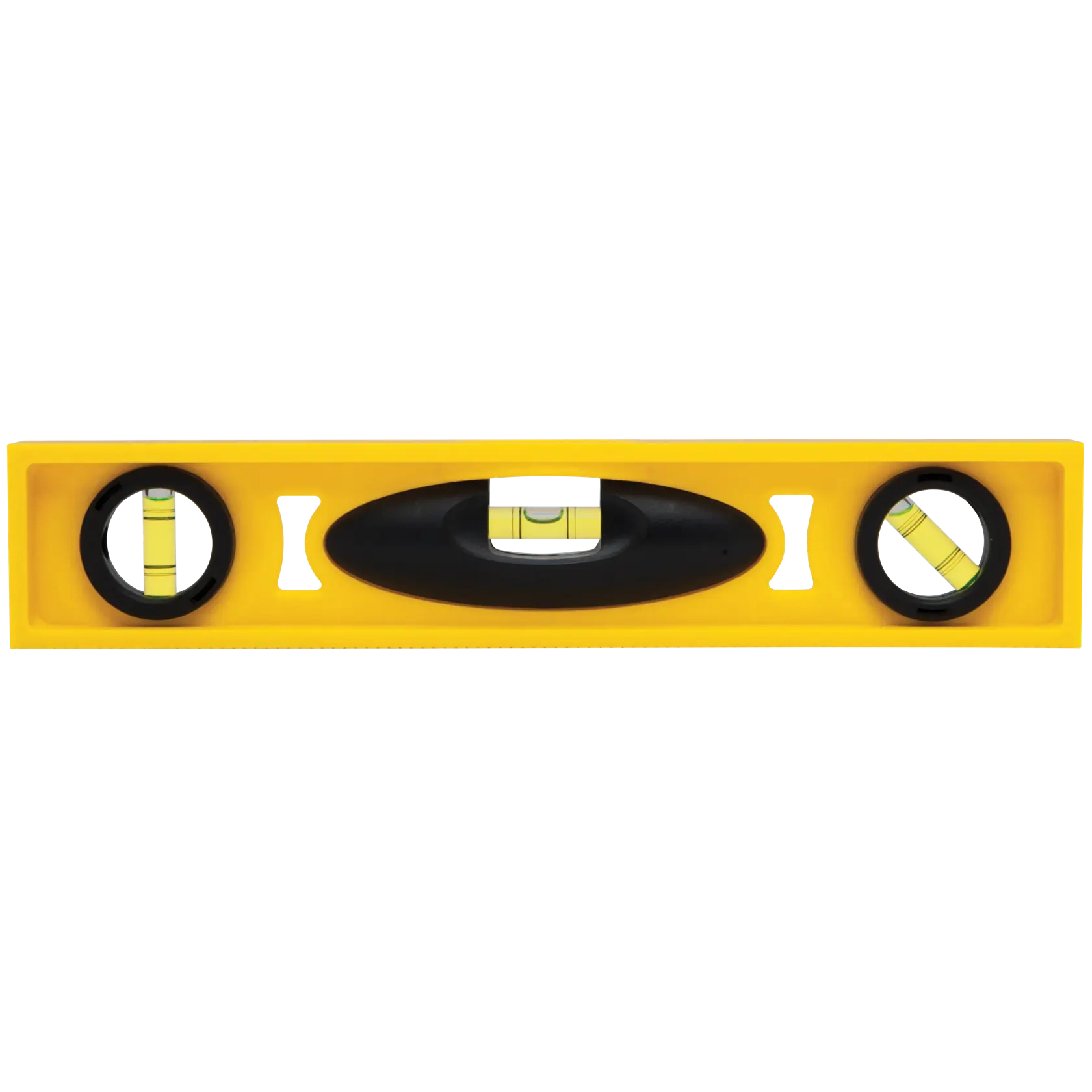 Stanley yellow torpedo level, front view on white background, with three bubble vials and black accents