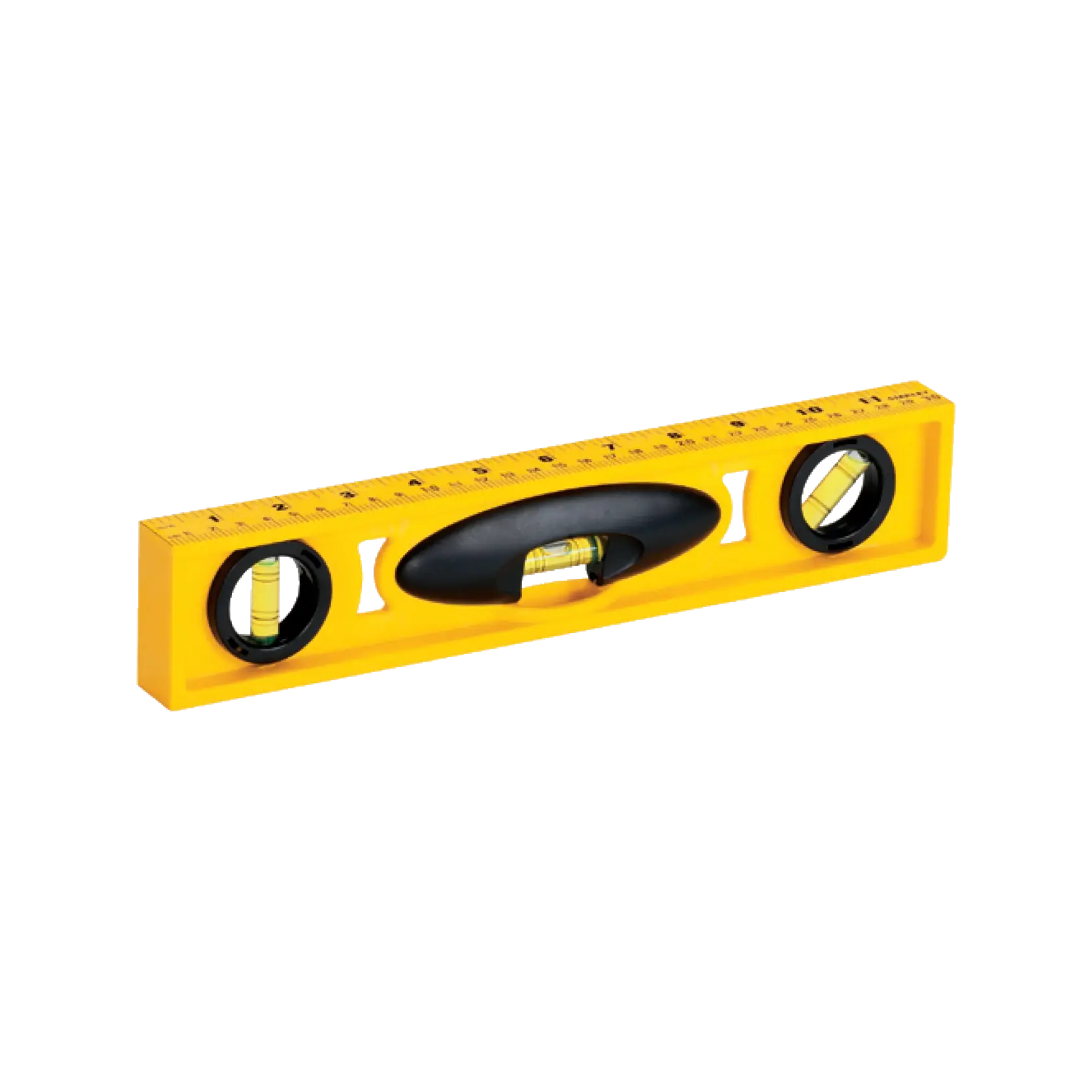 Stanley yellow spirit level with black accents, three vials, and measurement markings, front angle on white background