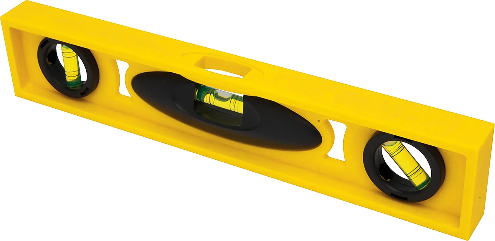 STANLEY 42-466 yellow spirit level with three vials, front angle on white background.