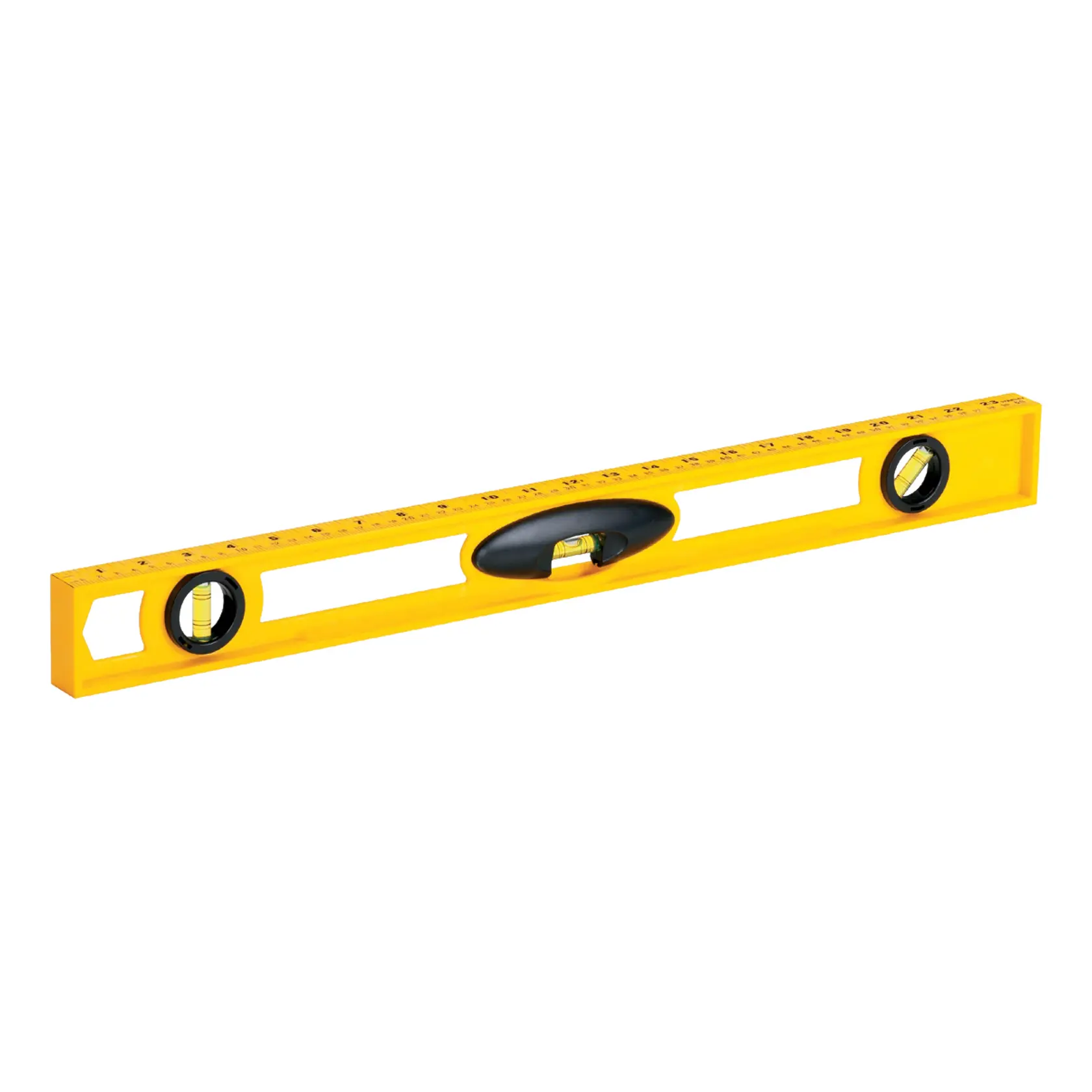 Stanley yellow spirit level with three vials and ruler markings, straight-on angle, white background