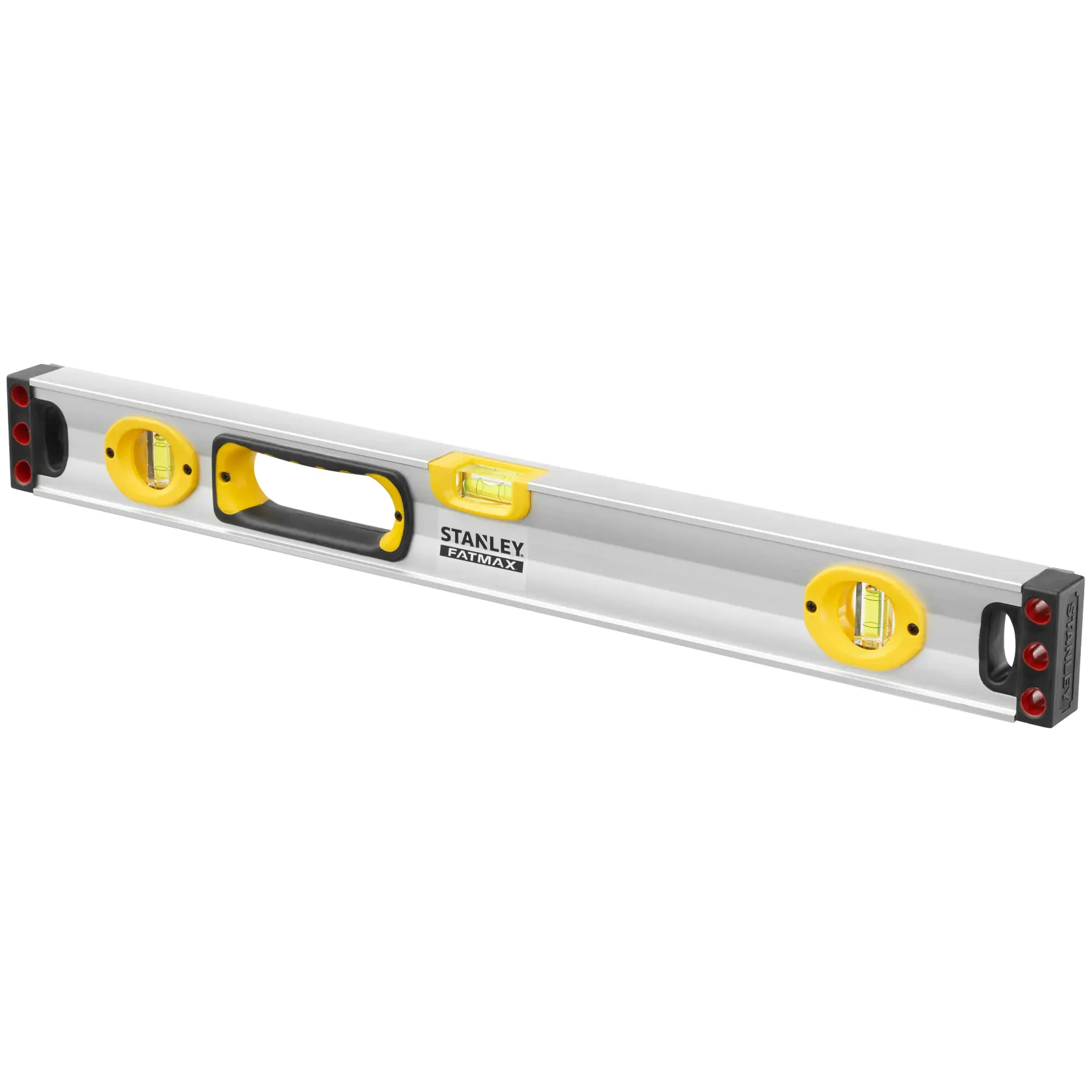 STANLEY FATMAX box beam level side angle, silver body with yellow accents and three bubble vials, black end caps.