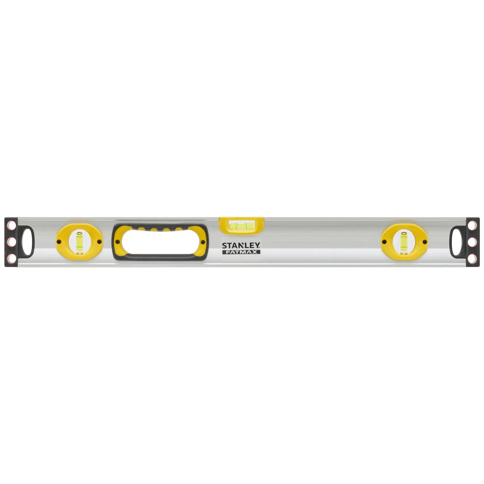 Stanley FATMAX spirit level front view, silver body with yellow and black accents, three vials, handle grip