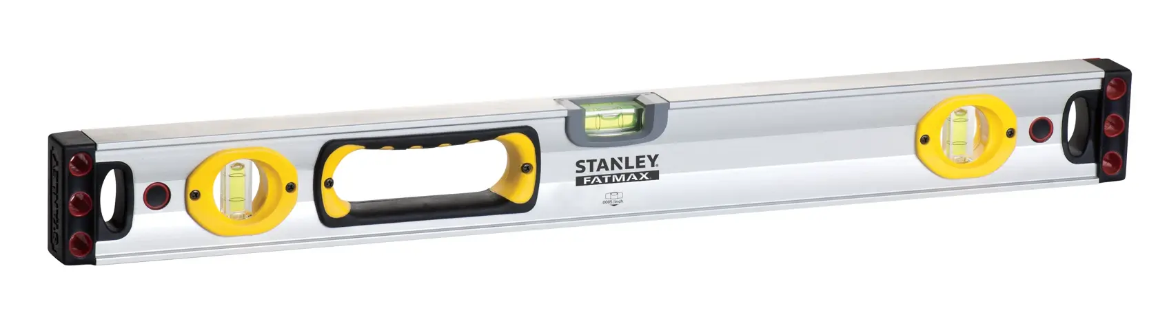 STANLEY 43-525 spirit level with silver body, yellow vials, and black handle, front angle on white background.