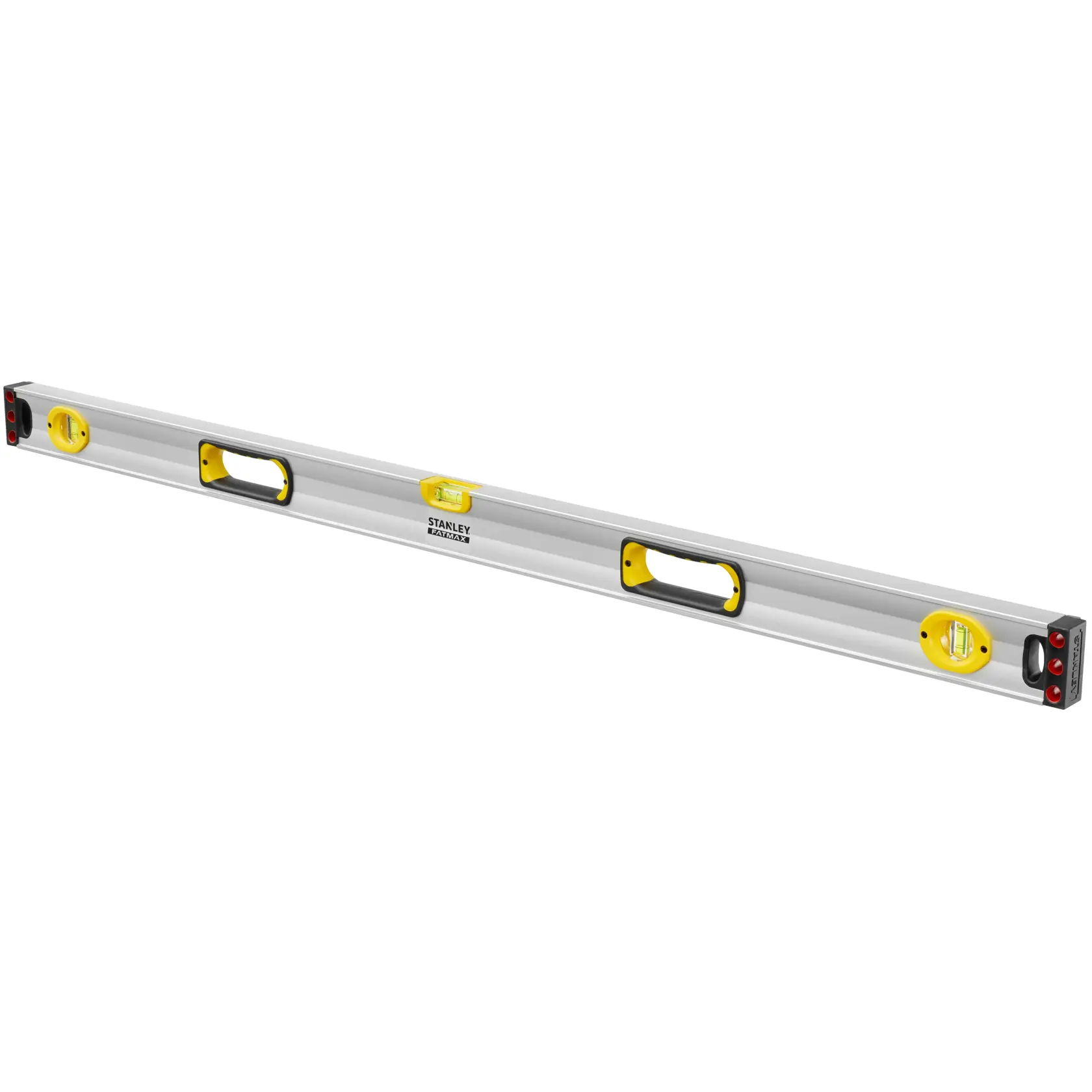 Stanley aluminum box level, front angle, silver body with yellow vials and black handles on white background