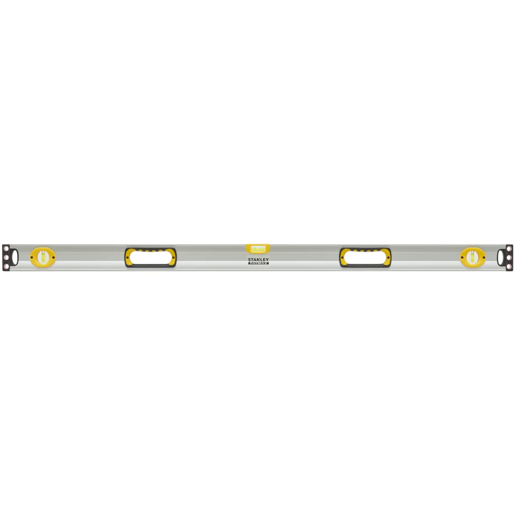 STANLEY 43-549 box level with yellow accents, three vials and dual hand grips, front view on white background.