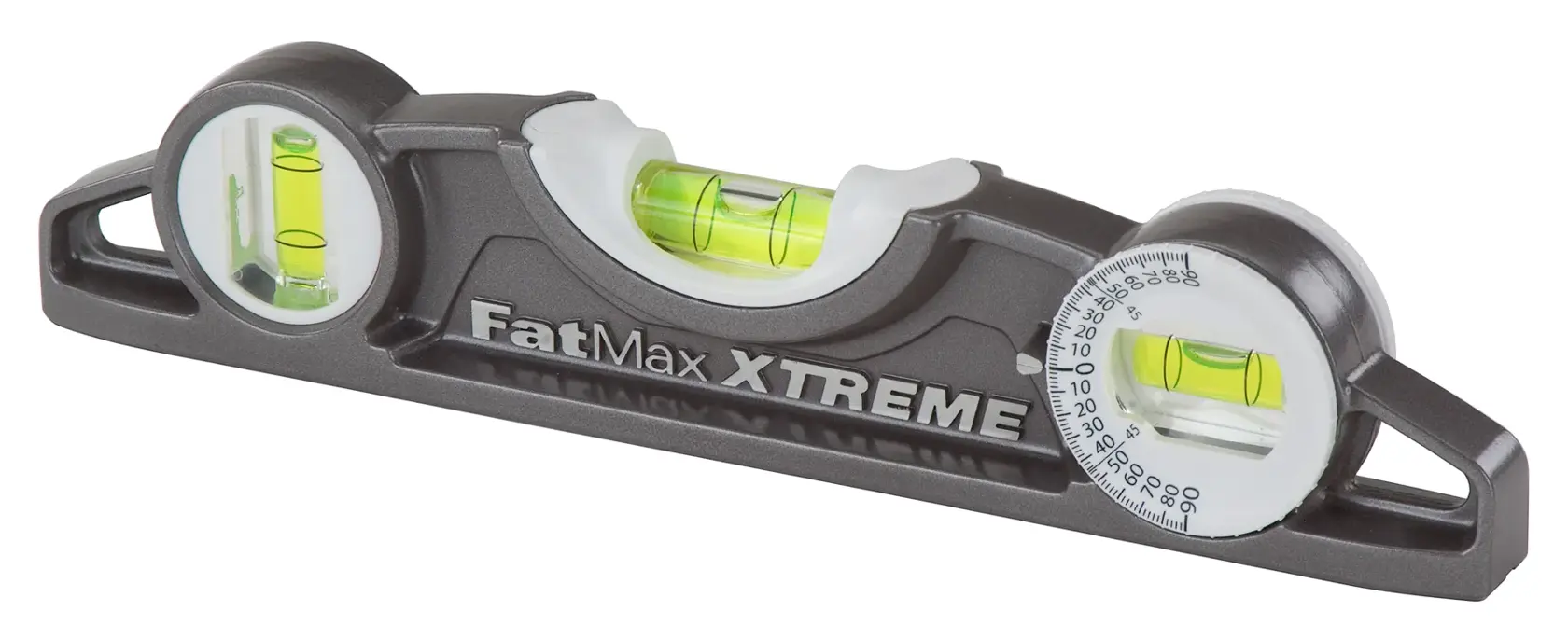STANLEY 43-609 FatMax XTREME torpedo level with three vials and angle gauge, front angle on white background.