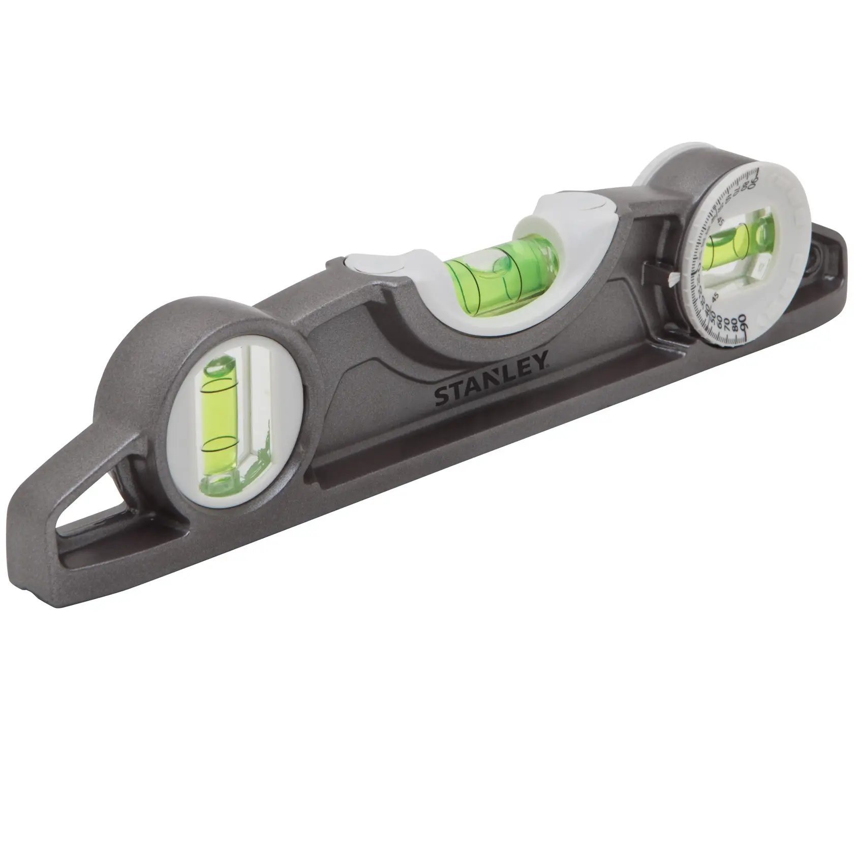 Stanley® torpedo level side angle on white, gray body with green vials and white end caps