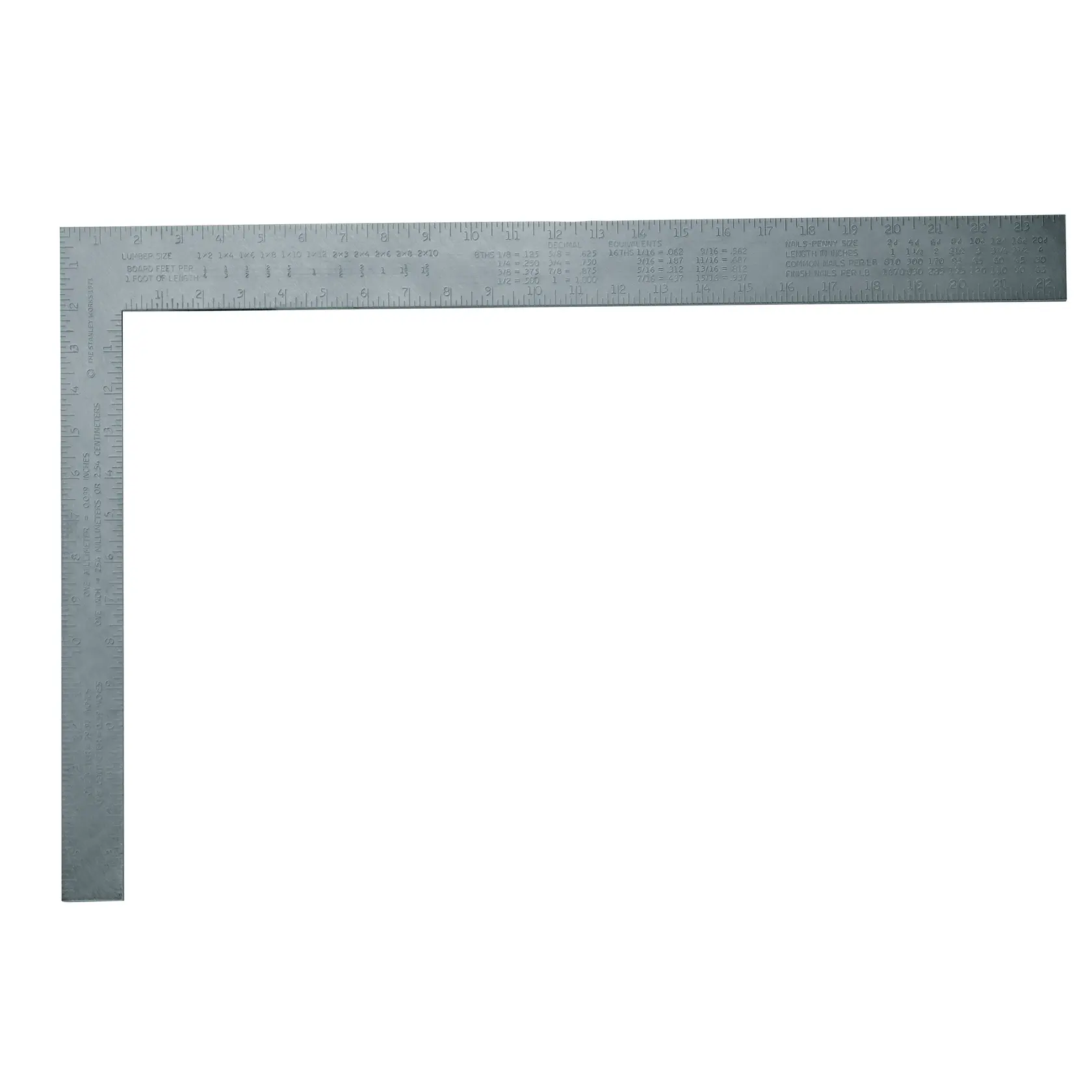 STANLEY steel framing square with etched measurement markings, L-shaped, top-down view on white background