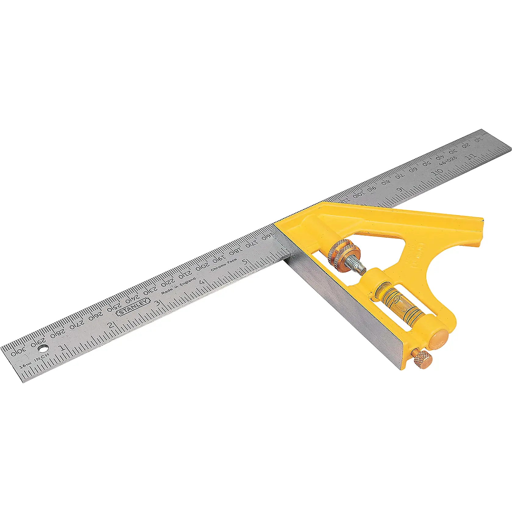 STANLEY 46-028 combination square with yellow handle and stainless steel ruler, top angle on white background.