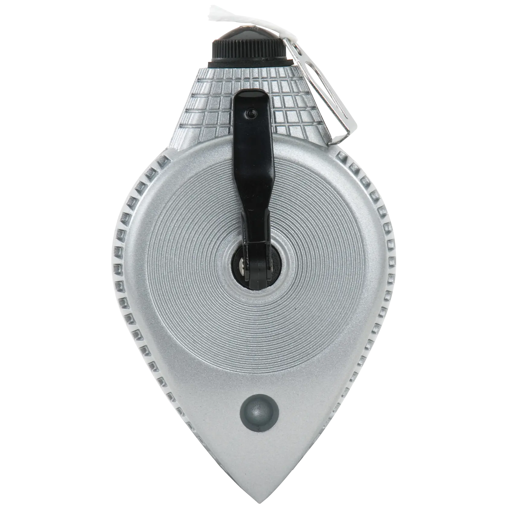 Photo of STANLEY 47-099 chalk line reel, silver casing, front angle, construction marking tool.