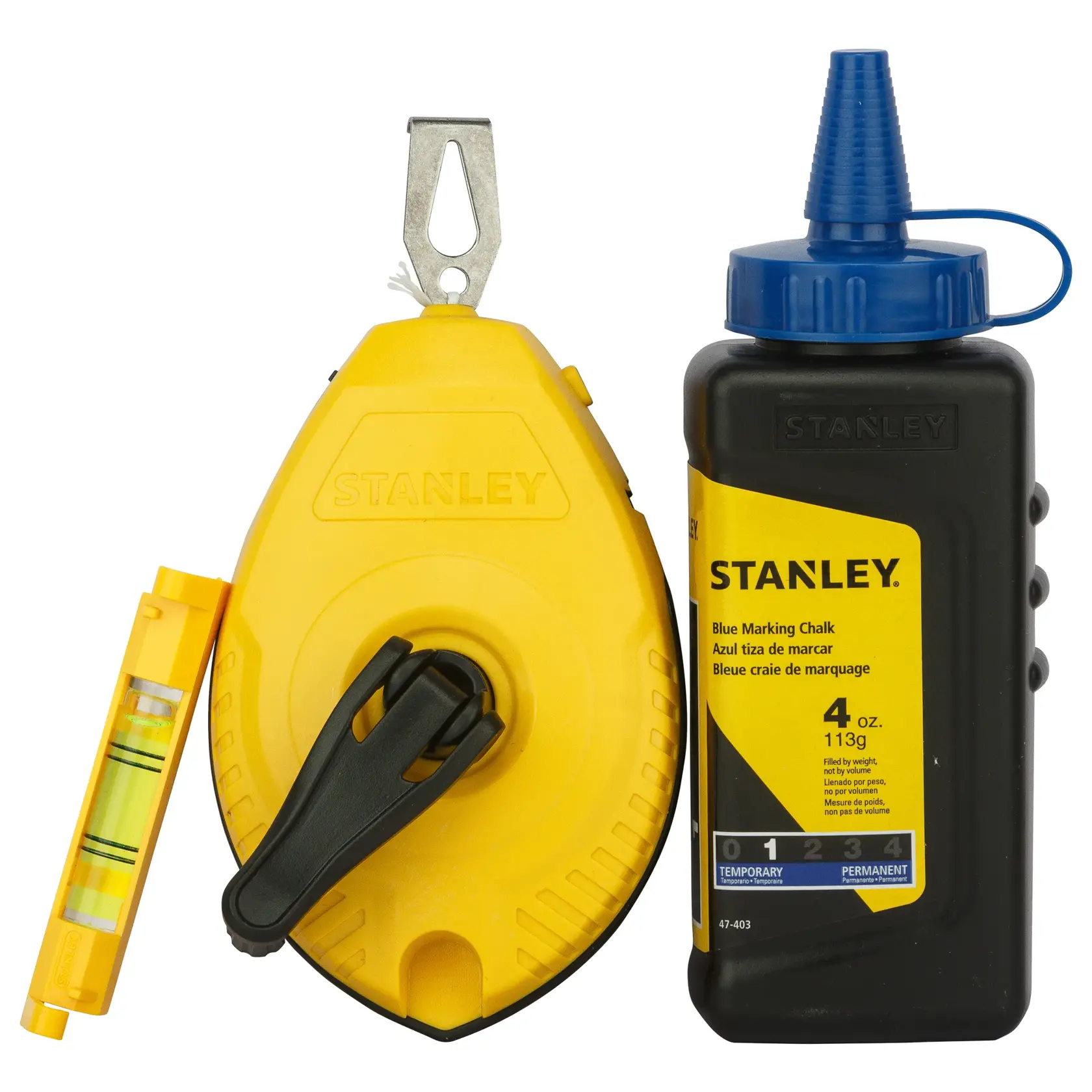 STANLEY 47-443 chalk line kit with yellow chalk reel, level, and blue marking chalk bottle, front angle.