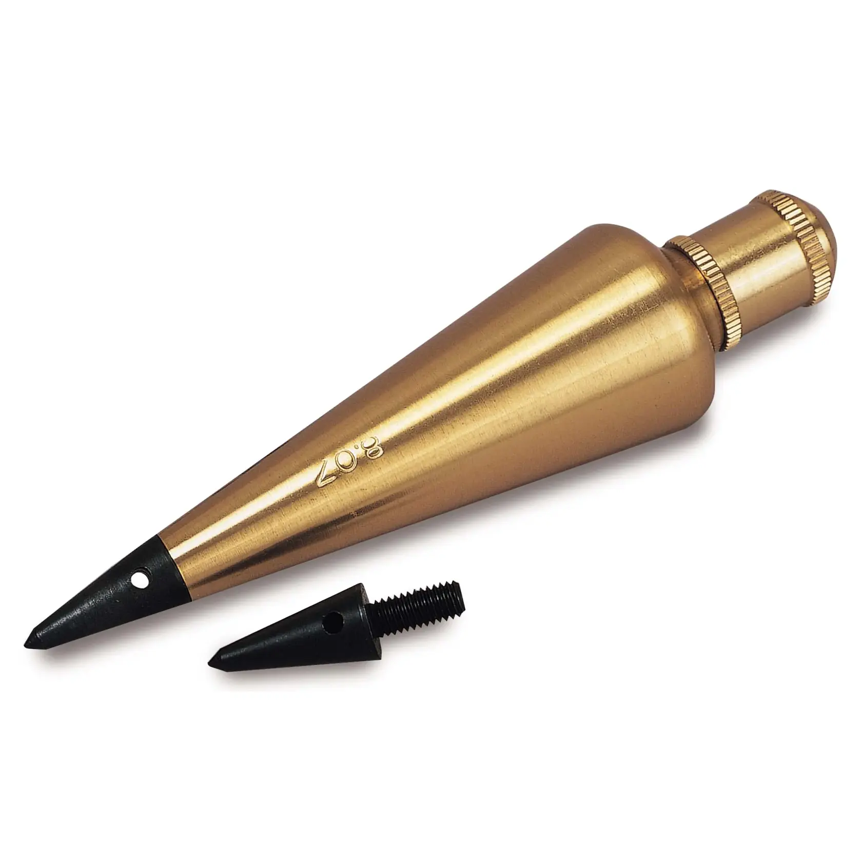 STANLEY 47-973 brass plumb bob with black steel tip and extra replacement tip, side angle on white background.