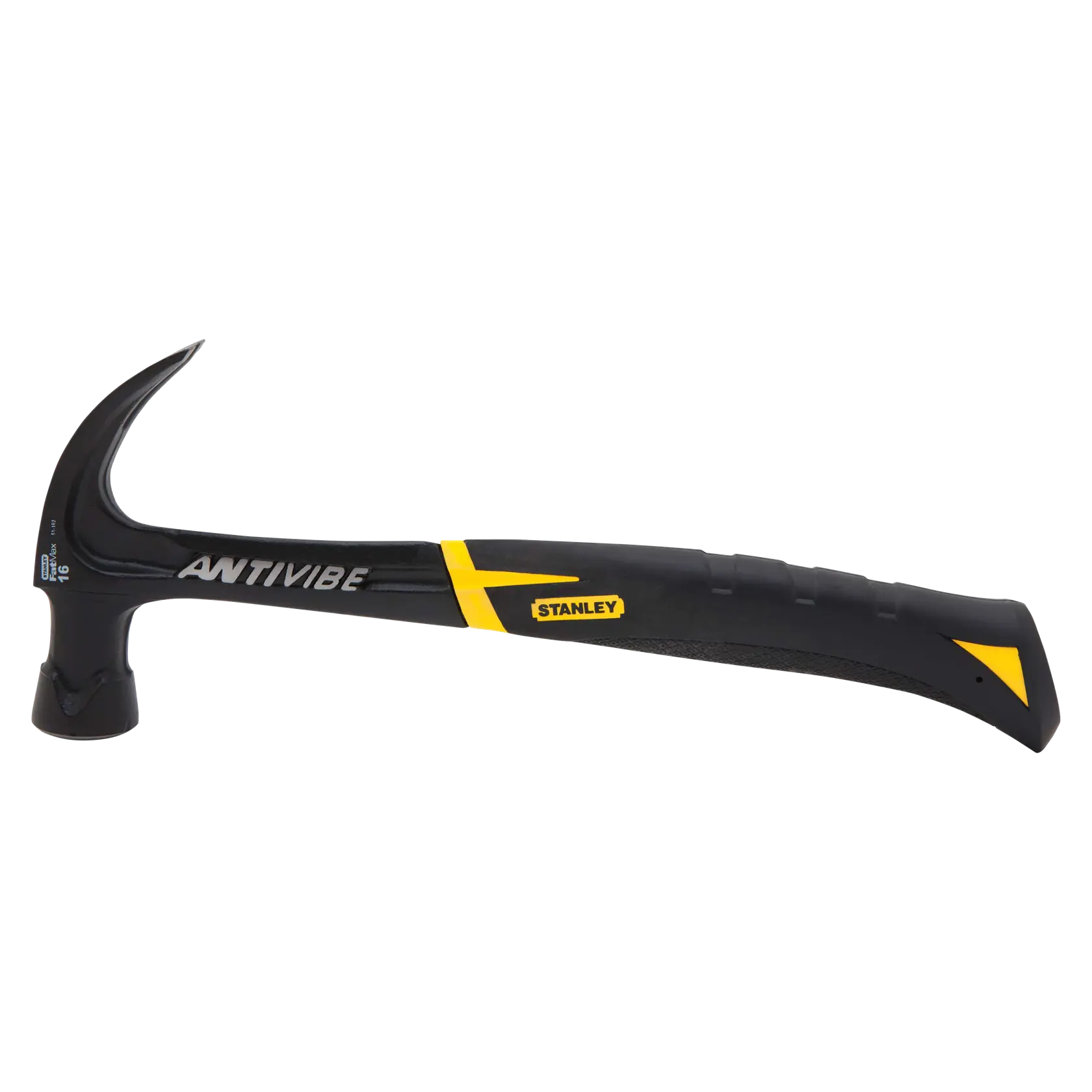 STANLEY 51-162 claw hammer with Antivibe, black and yellow handle, side angle photo.