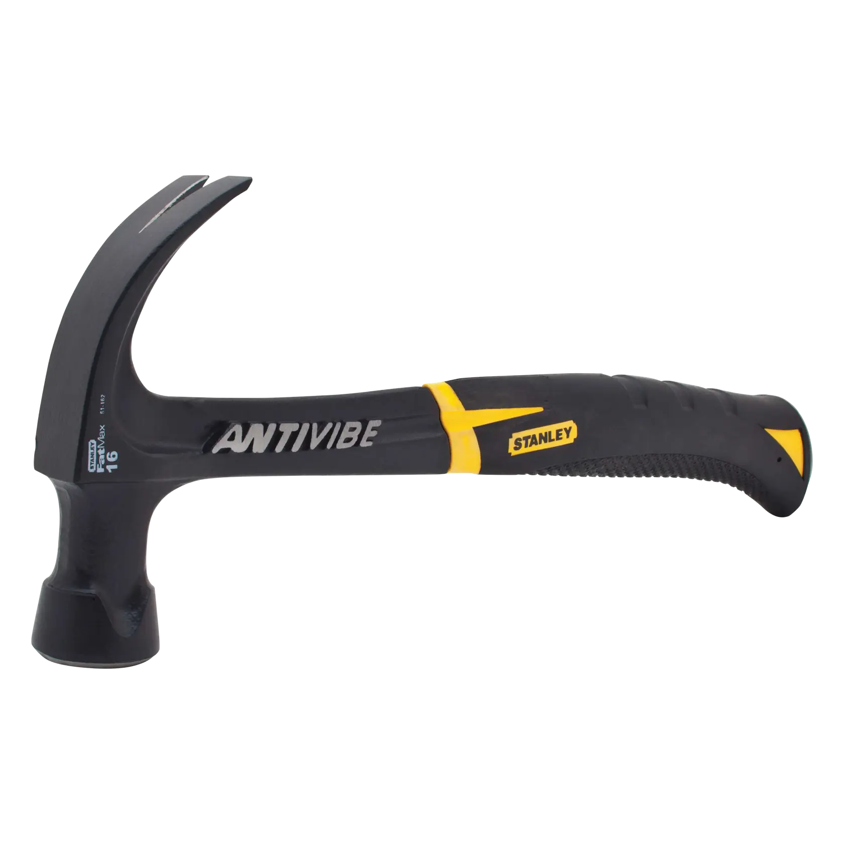 Photo of STANLEY 51-162 claw hammer with black and yellow anti-vibe handle, side angle, white background.