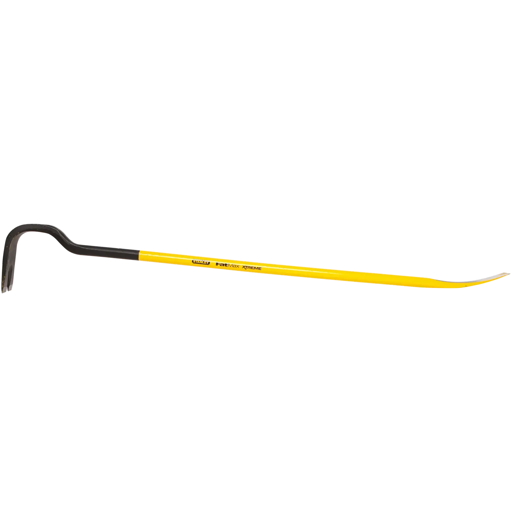 STANLEY 55-504 yellow and black pry bar, flat steel bar with angled ends, side view, hand tool.