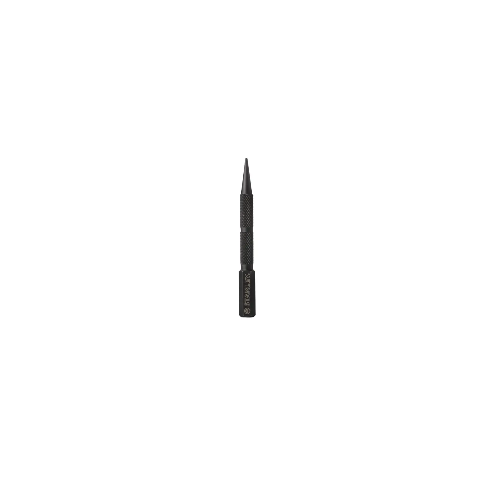 A black steel center punch tool from the brand STANLEY, model 58-111, shown vertically on a white background.